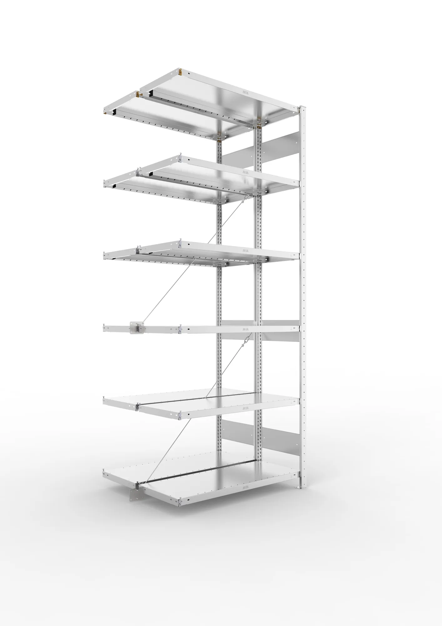 META CLIP, Fachbodenregal, Doppel-Anbauregal, 2500 x 1000 x 400 mm, Fachlast 230 kg, 6 Ebenen, verzinkt – Ansicht in Blickhöhe