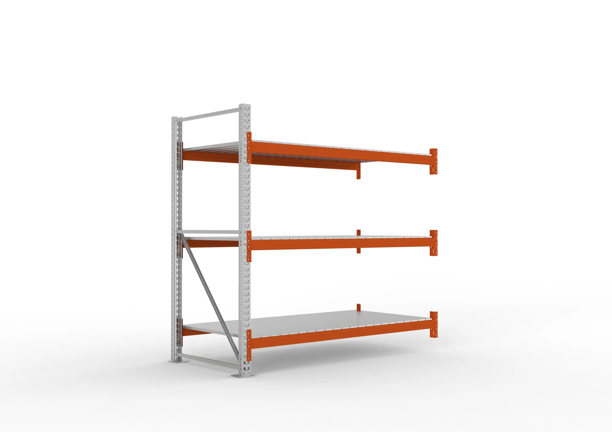 META MULTIPAL, Großfachregal, Anbauregal, 2200 x 2225 x 1100 mm, Fachlast 1900 kg, 3 Ebenen, Stahlpaneele, verzinkt – Ansicht in Blickhöhe
