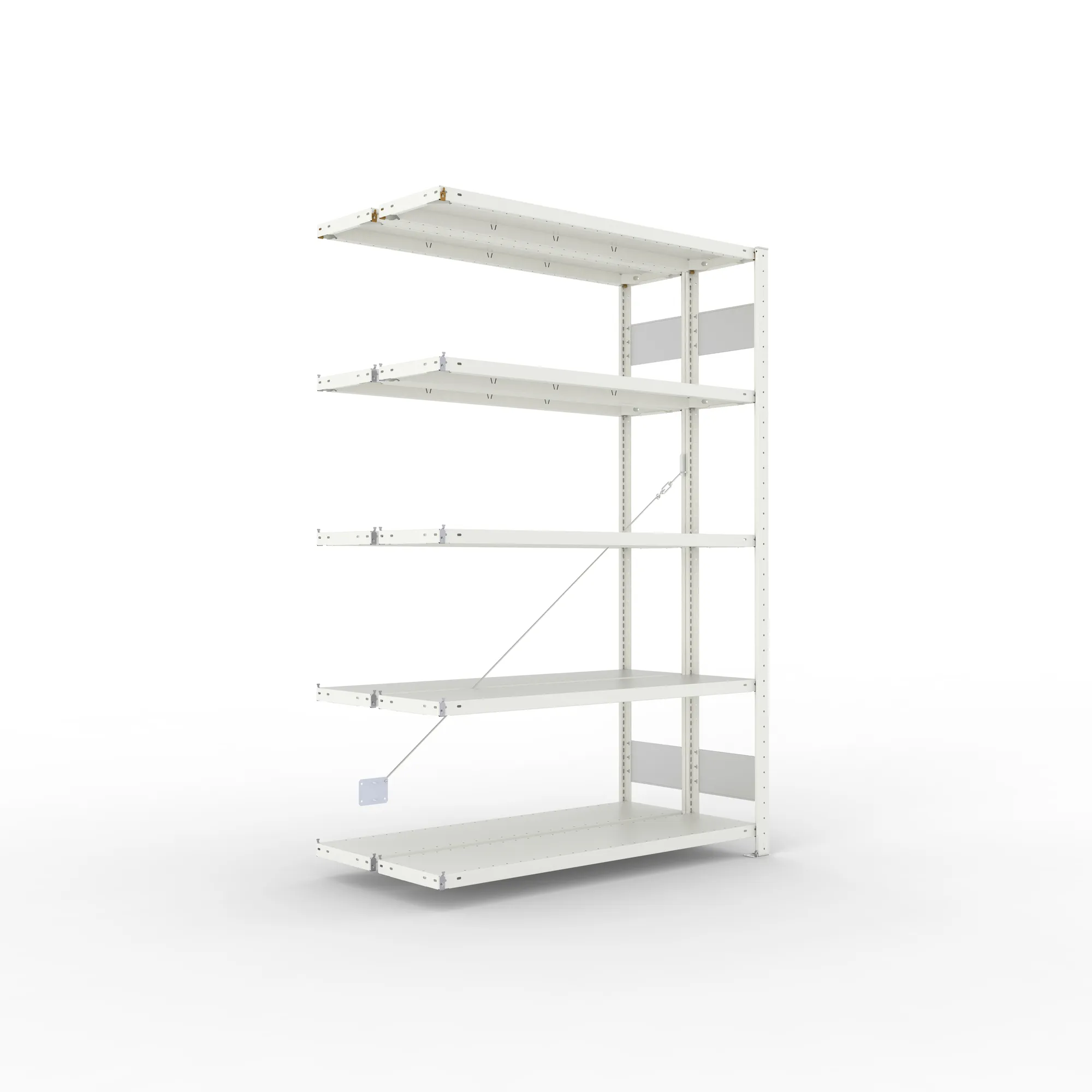 META CLIP S3, Fachbodenregal, Doppel-Anbauregal, 2000 x 1300 x 300 mm, Fachlast 230 kg, 5 Ebenen, RAL 7035 – Ansicht in Blickhöhe