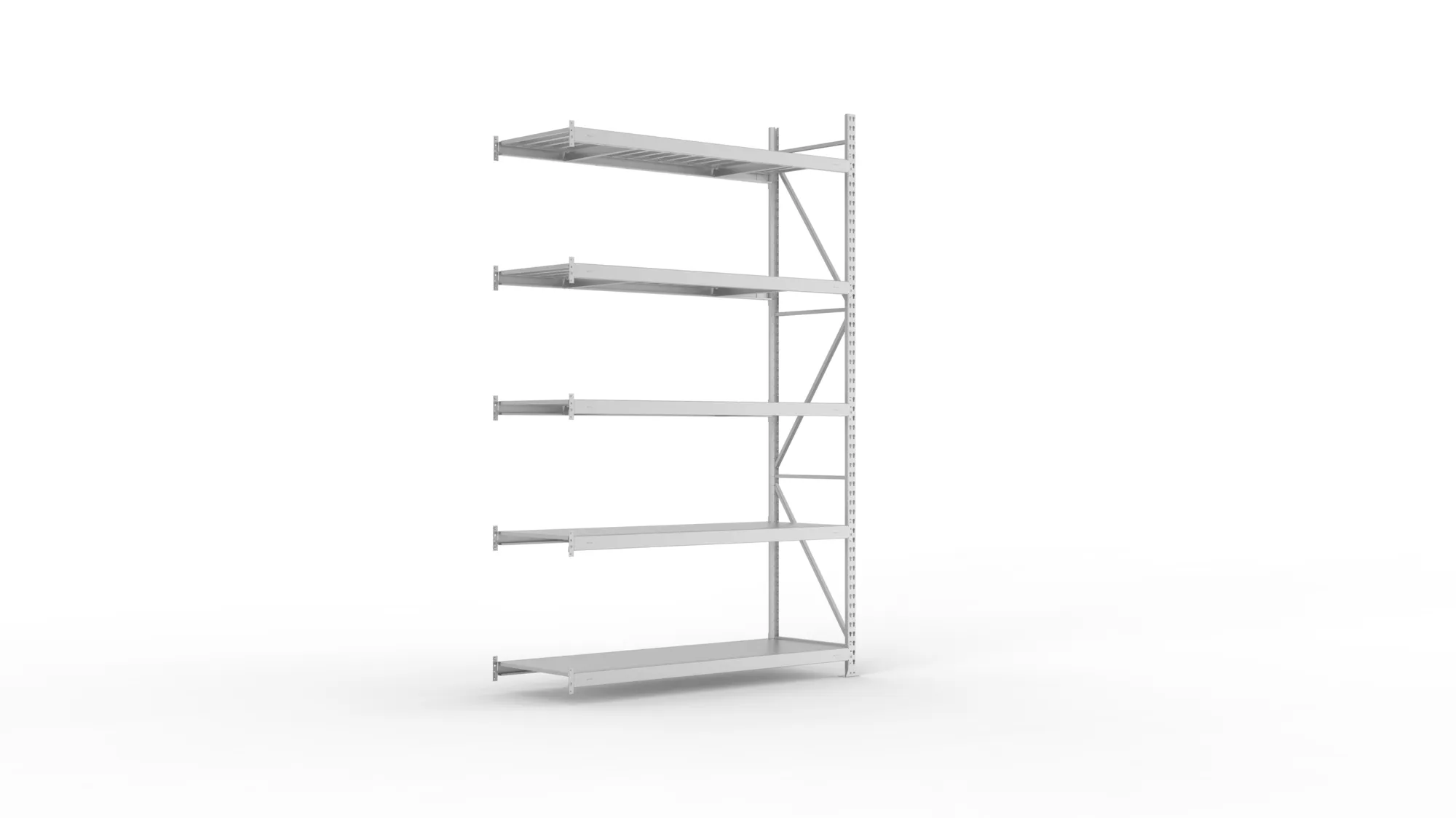 META MINI-RACK, Weitspannregal, Anbauregal, 3000 x 1800 x 650 mm, Fachlast 600 kg, Stahlpaneelböden, 5 Ebenen – Ansicht in Blickhöhe