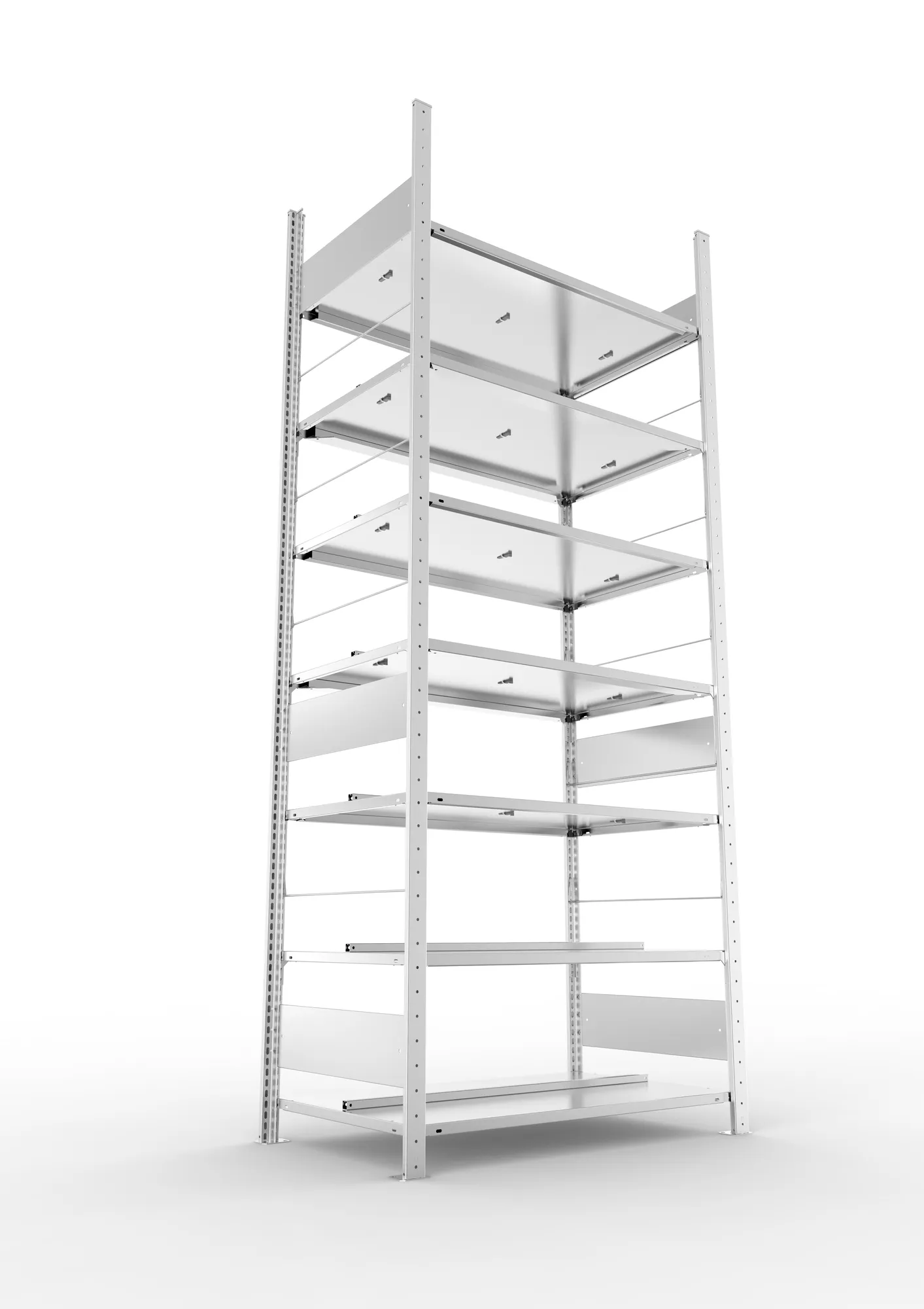 META CLIP COMPACT S3, Büro-Steckregal, Doppel-Grundregal, 2500 x 1000 x 600 mm, Fachlast 100 kg, 7+0 Ebenen, Mittelanschlag, verzinkt – Ansicht von unten