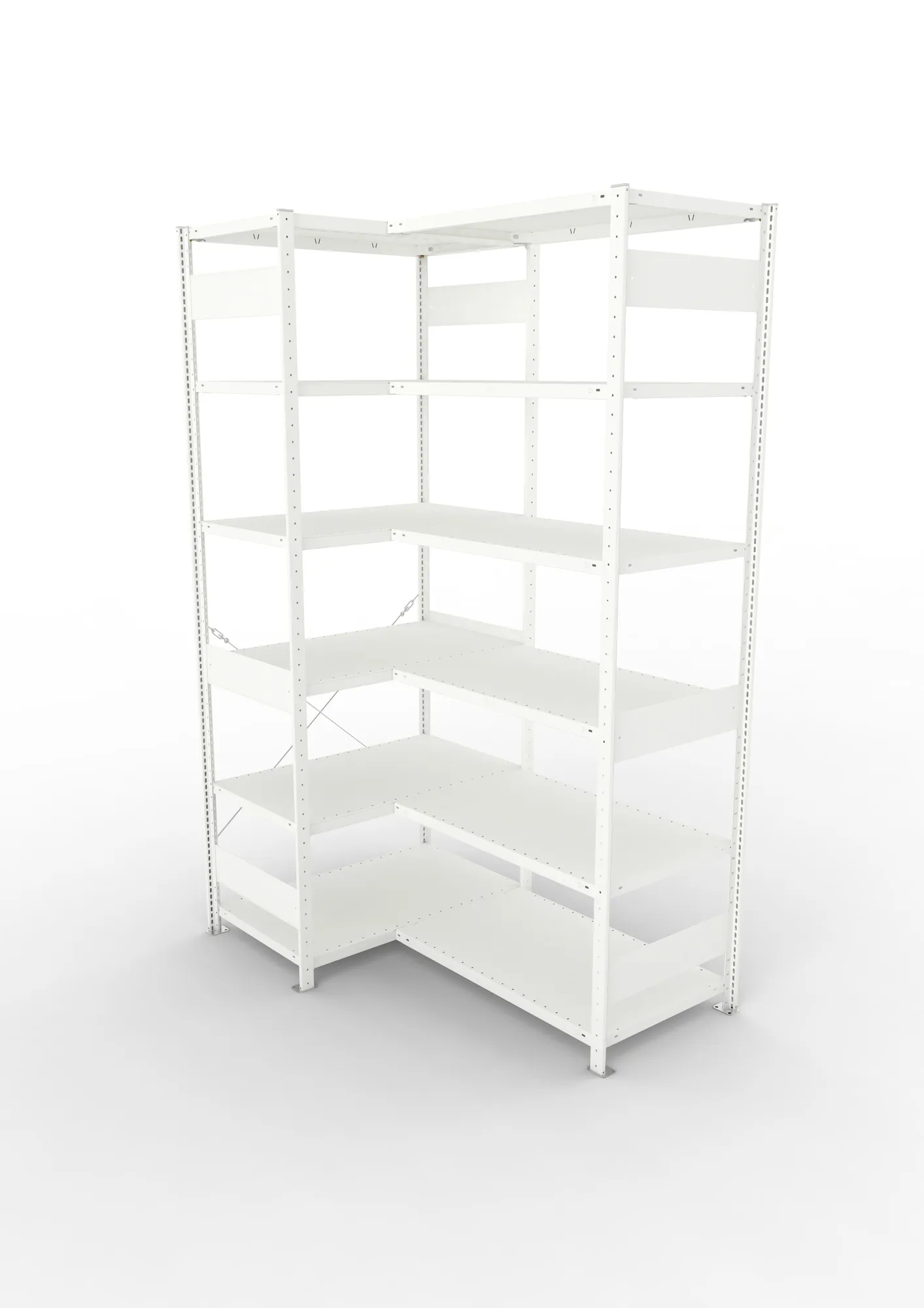 META CLIP, Eckregal, 2500 x 1000 x 600 mm, Fachlast 100 kg, 6 Ebenen, RAL 7035 – Ansicht von oben
