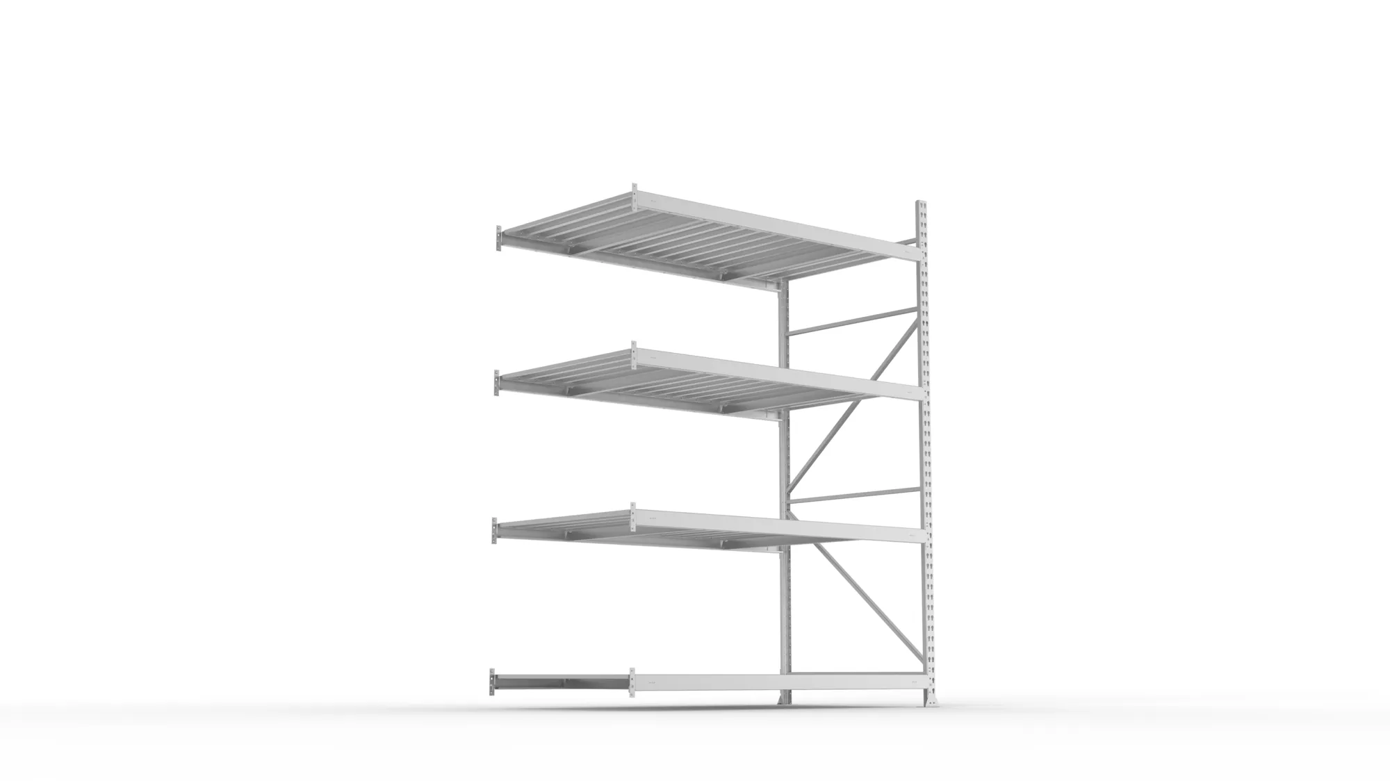 META MINI-RACK, Weitspannregal, Anbauregal, 2500 x 1800 x 1050 mm, Fachlast 600 kg, Stahlpaneelböden, 4 Ebenen – Ansicht von unten