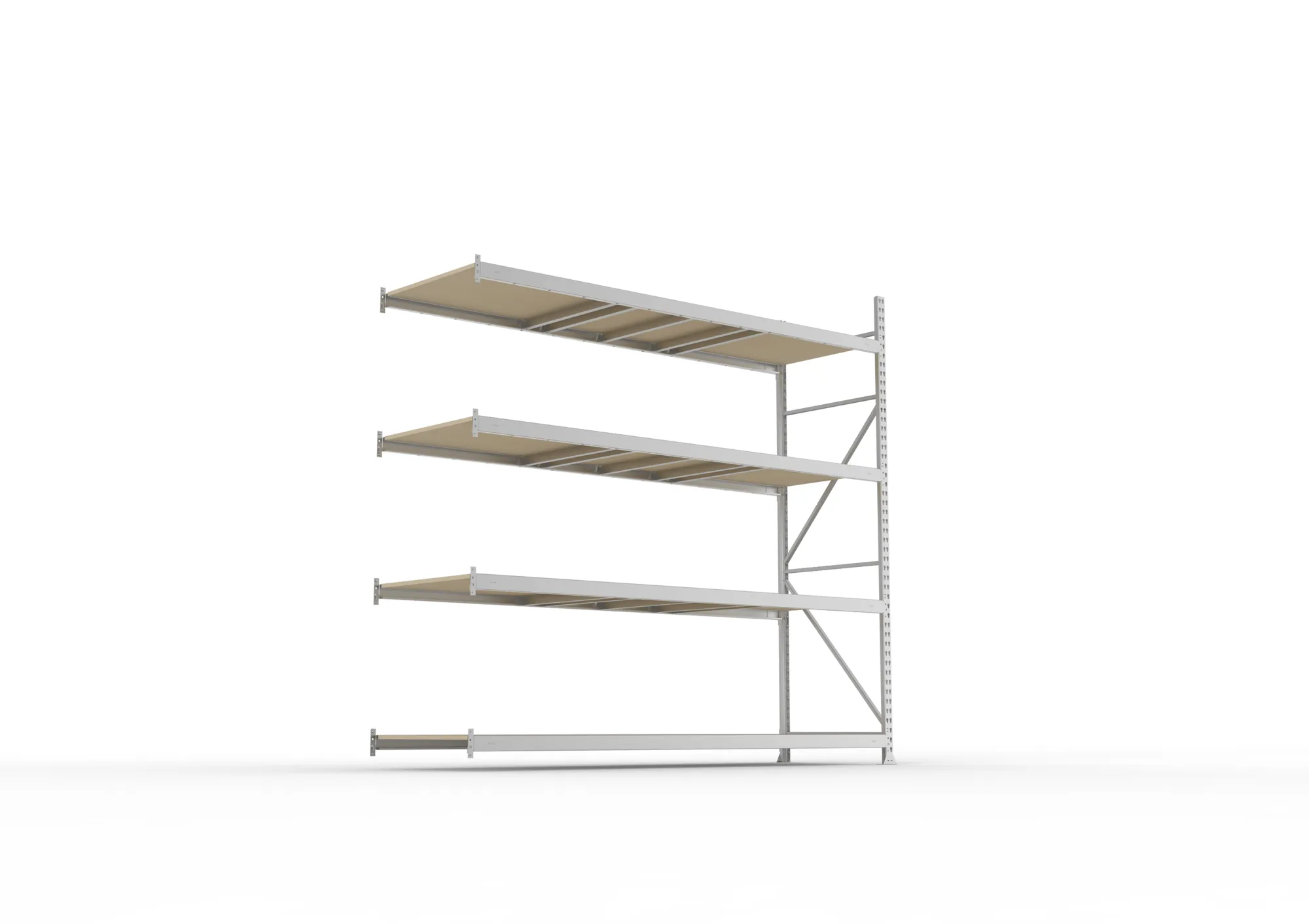 META MINI-RACK, Weitspannregal, Anbauregal, 2500 x 2600 x 800 mm, Fachlast 490 kg, Spanplattenböden, 4 Ebenen – Ansicht von unten