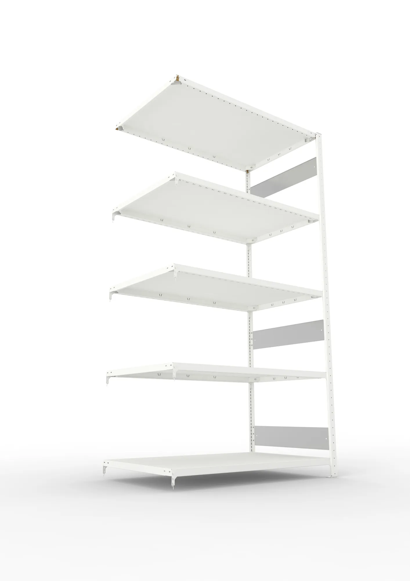 META CLIP S3, Fachbodenregal, Anbauregal, 2500 x 1300 x 800 mm, Fachlast 230 kg, 5 Ebenen, Längsriegel, RAL 7035 – Ansicht von unten