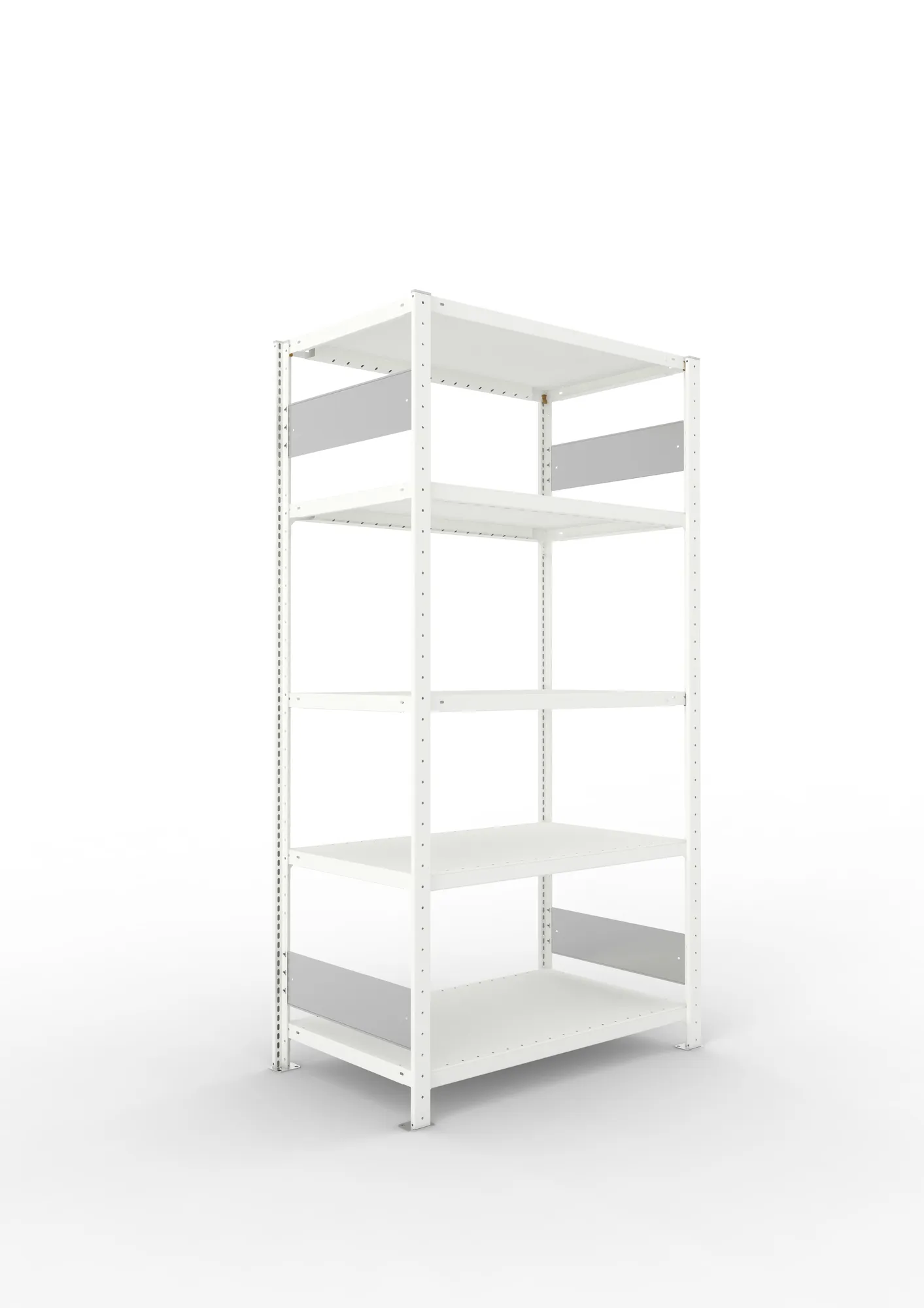 META CLIP S3, Fachbodenregal, Grundregal, 2000 x 1000 x 600 mm, Fachlast 230 kg, 5 Ebenen, Längsriegel, RAL 7035 – Ansicht in Blickhöhe