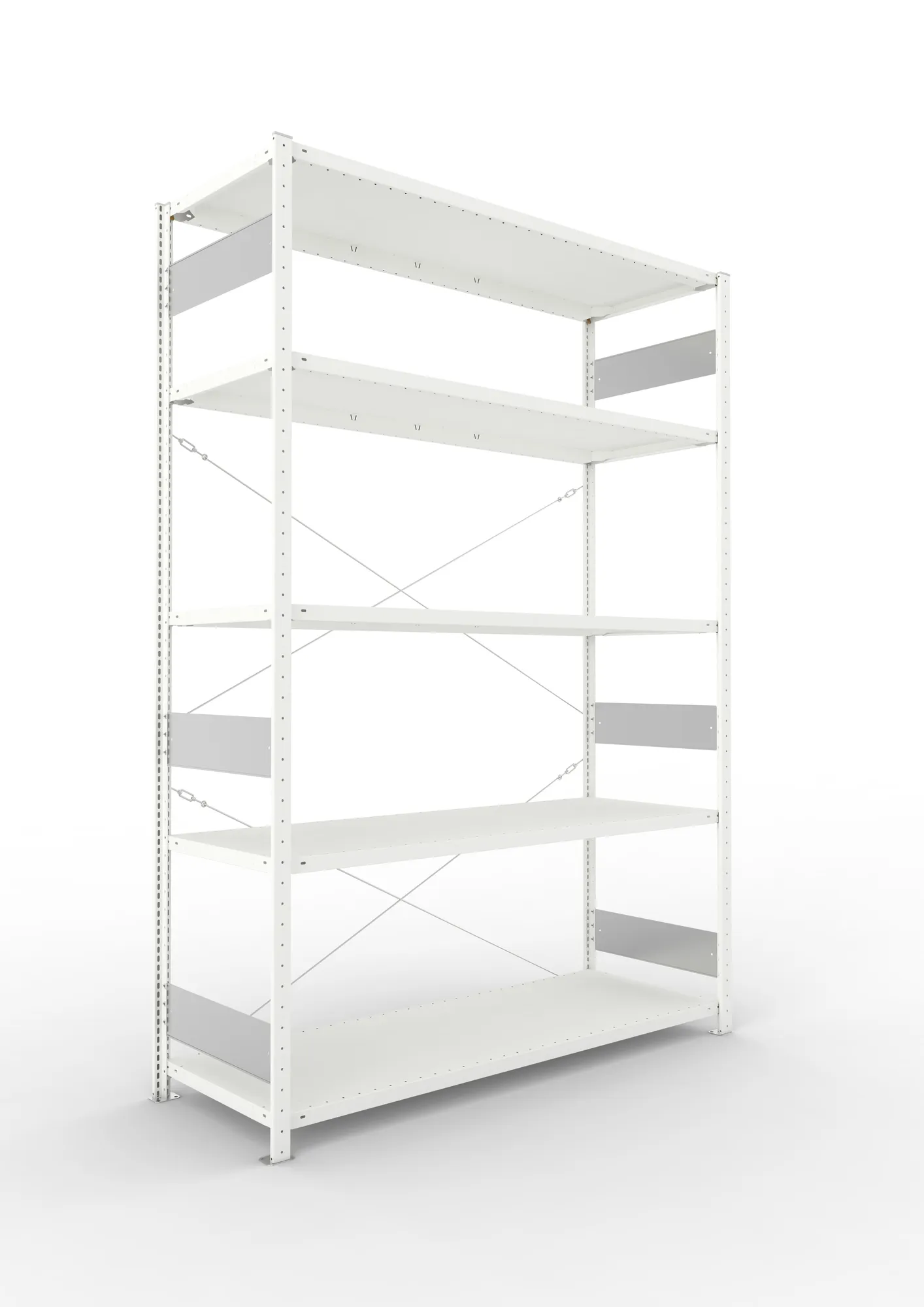 META CLIP S3, Fachbodenregal, Grundregal, 2500 x 1700 x 600 mm, Fachlast 200 kg, 5 Ebenen, RAL 7035 – Ansicht in Blickhöhe