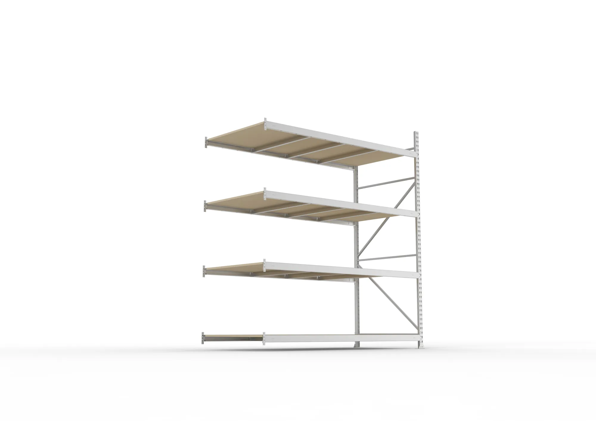 META MINI-RACK, Weitspannregal, Anbauregal, 2500 x 2200 x 1050 mm, Fachlast 600 kg, Spanplattenböden, 4 Ebenen – Ansicht von unten