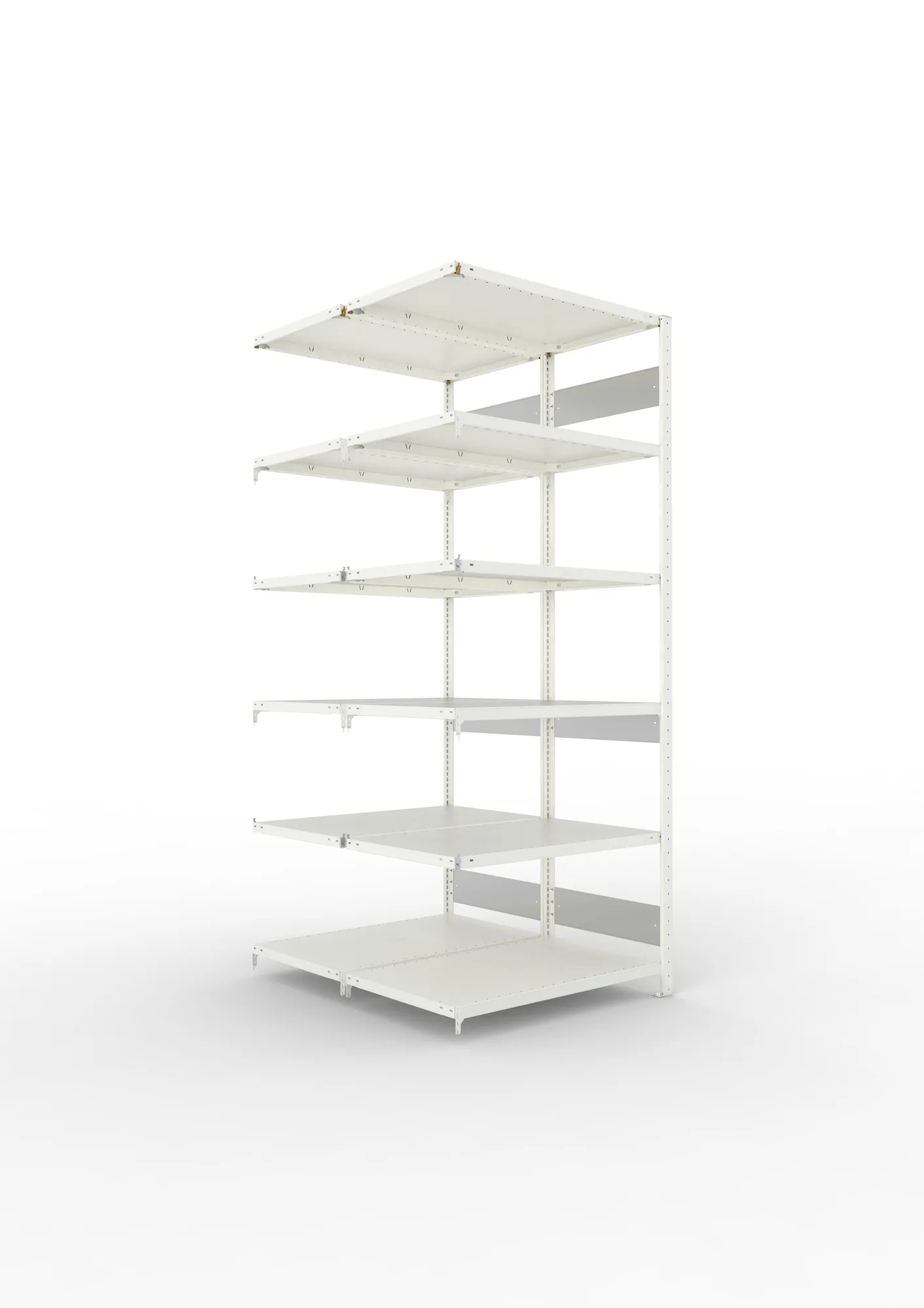 META CLIP S3, Fachbodenregal, Doppel-Anbauregal, 2500 x 1000 x 600 mm, Fachlast 150 kg, 6 Ebenen, Längsriegel, RAL 7035 – Ansicht in Blickhöhe
