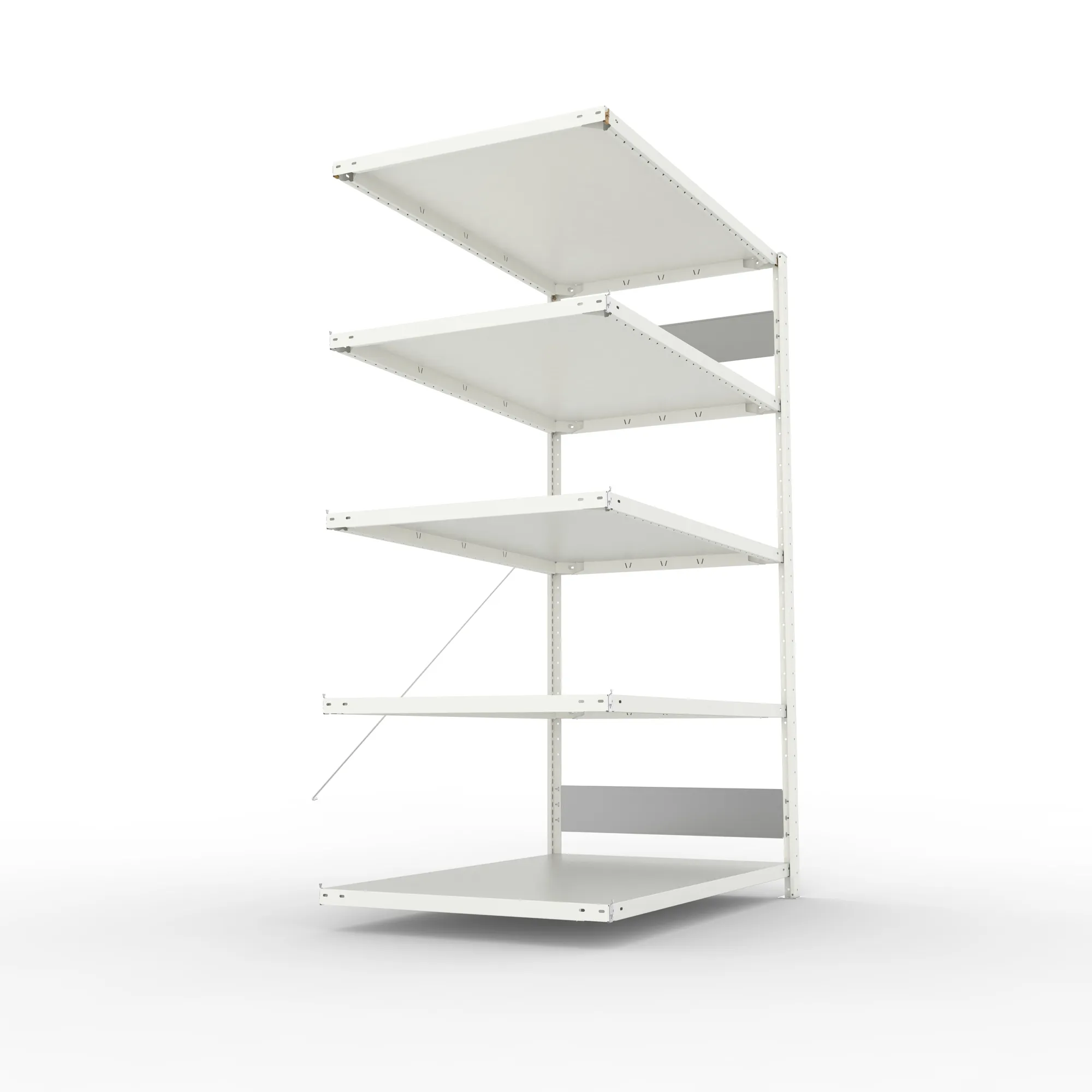 META CLIP S3, Fachbodenregal, Anbauregal, 2000 x 1300 x 800 mm, Fachlast 230 kg, 5 Ebenen, RAL 7035 – Seitenansicht
