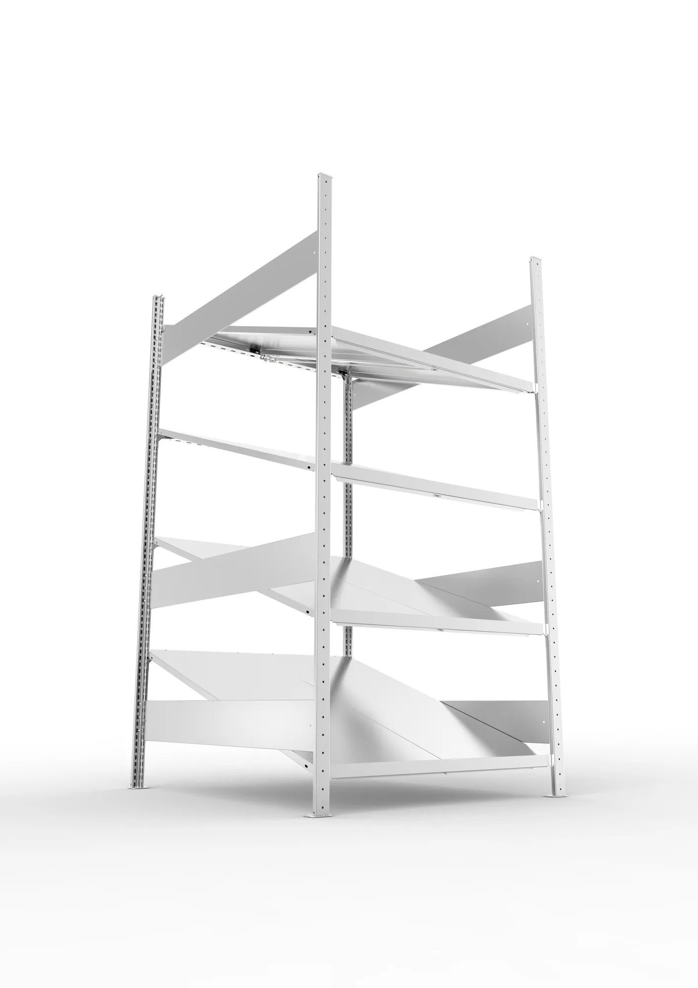 META CLIP S3, Schrägbodenregal, Grundregal, 2000 x 1300 x 1228 mm, Fachlast 80 kg, 4 Ebenen, verzinkt – Ansicht von unten