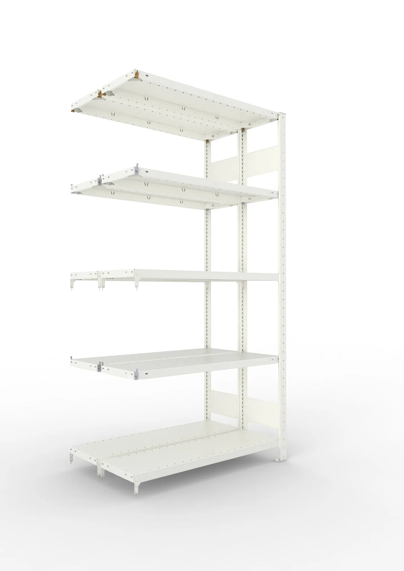 META CLIP S3, Fachbodenregal, Doppel-Anbauregal, 2000 x 1000 x 300 mm, Fachlast 150 kg, 5 Ebenen, Längsriegel, RAL 7035 – Ansicht in Blickhöhe