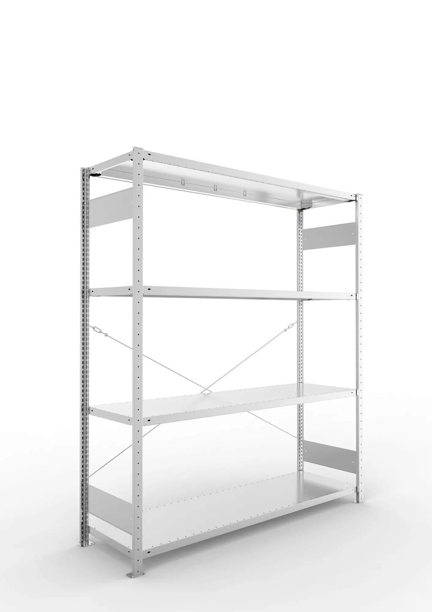 META CLIP S3, Fachbodenregal, Grundregal, 2000 x 1700 x 500 mm, Fachlast 200 kg, 4 Ebenen, verzinkt – Ansicht in Blickhöhe