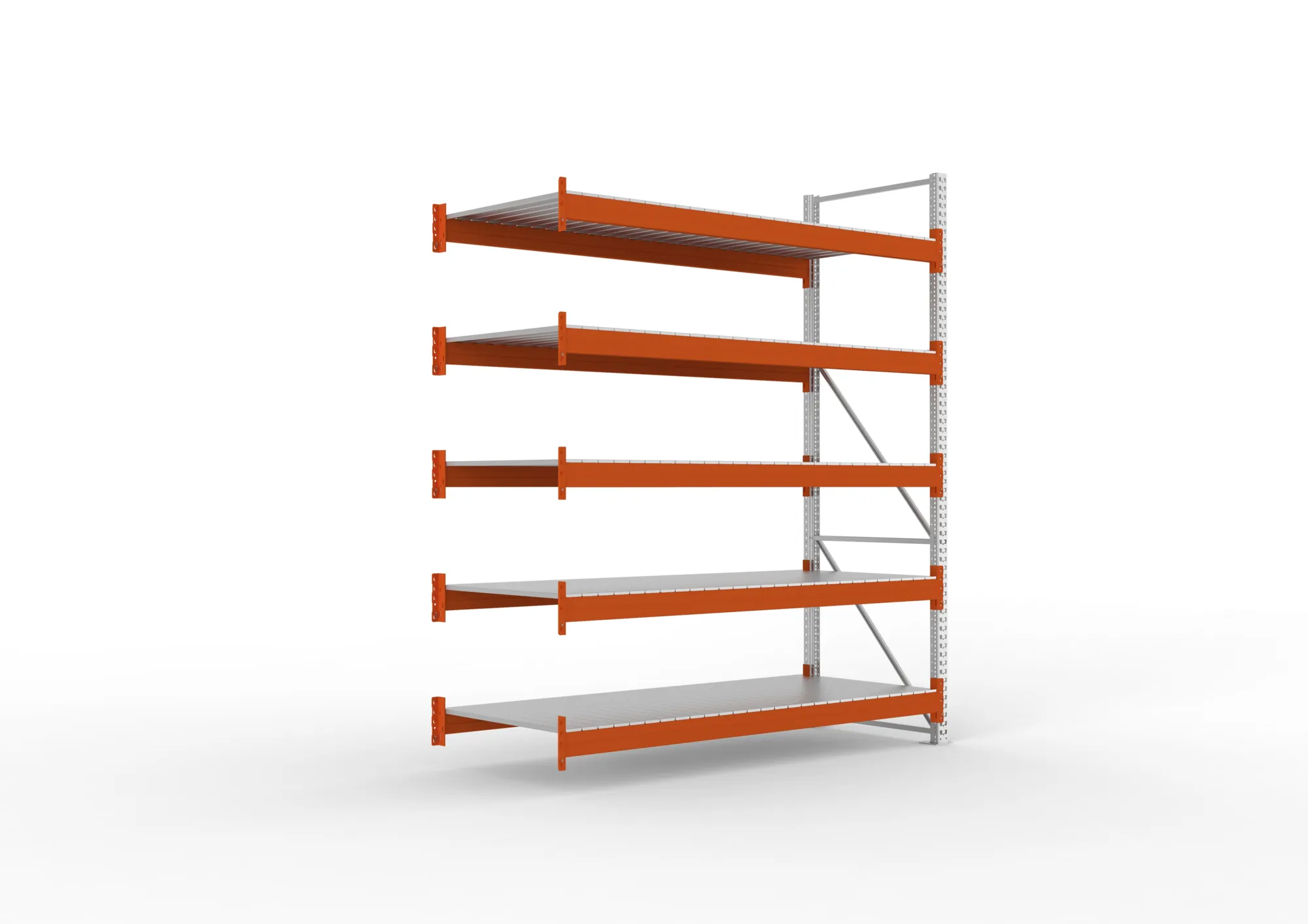 META MULTIPAL, Großfachregal, Anbauregal, 3300 x 2700 x 1100 mm, Fachlast 1900 kg, 5 Ebenen, Stahlpaneele, verzinkt – Ansicht in Blickhöhe