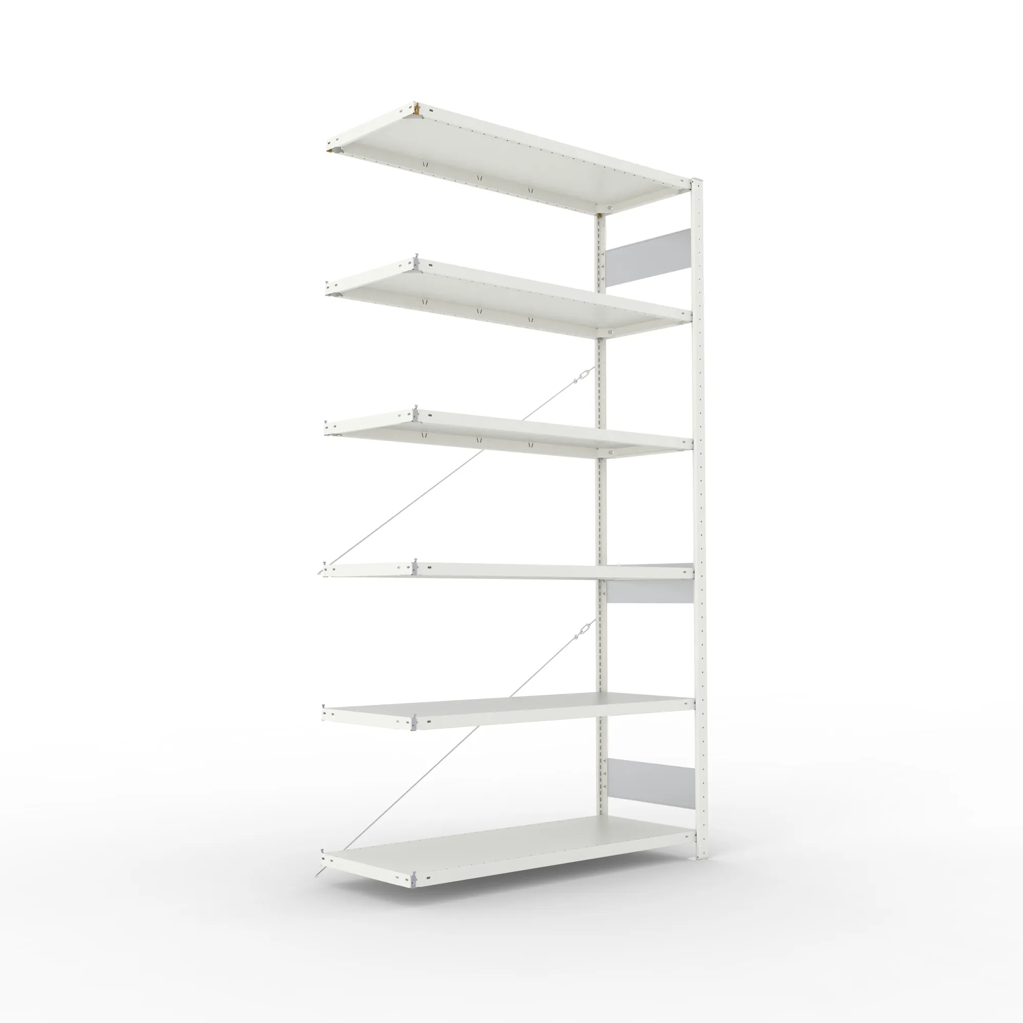 META CLIP S3, Fachbodenregal, Anbauregal, 2500 x 1300 x 500 mm, Fachlast 150 kg, 6 Ebenen, RAL 7035 – Ansicht in Blickhöhe