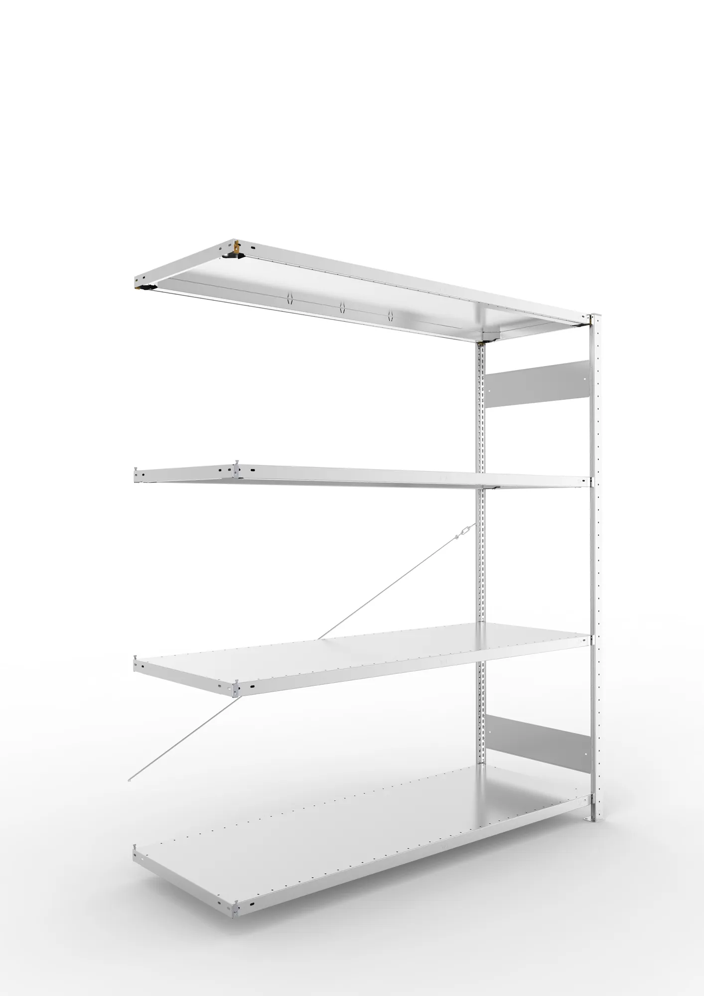META CLIP S3, Fachbodenregal, Anbauregal, 2000 x 1700 x 600 mm, Fachlast 200 kg, 4 Ebenen, verzinkt – Ansicht in Blickhöhe