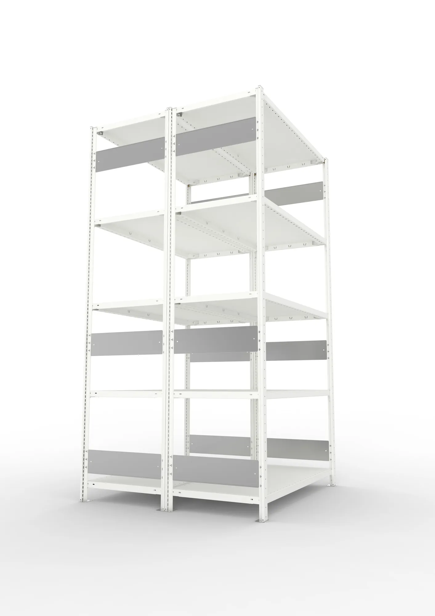 META CLIP S3, Fachbodenregal, Doppel-Grundregal, 2500 x 1300 x 600 mm, Fachlast 230 kg, 5 Ebenen, Längsriegel, RAL 7035 – Seitenansicht
