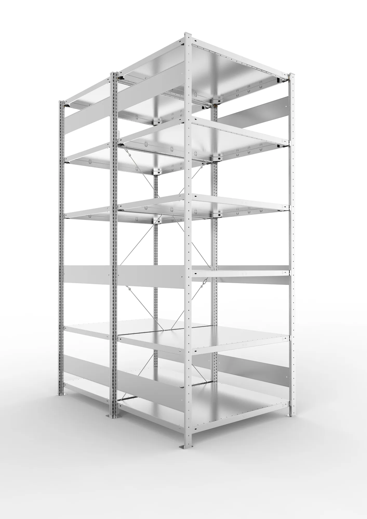 META CLIP, Fachbodenregal, Doppel-Grundregal, 2500 x 1000 x 800 mm, Fachlast 230 kg, 6 Ebenen, verzinkt – Ansicht in Blickhöhe