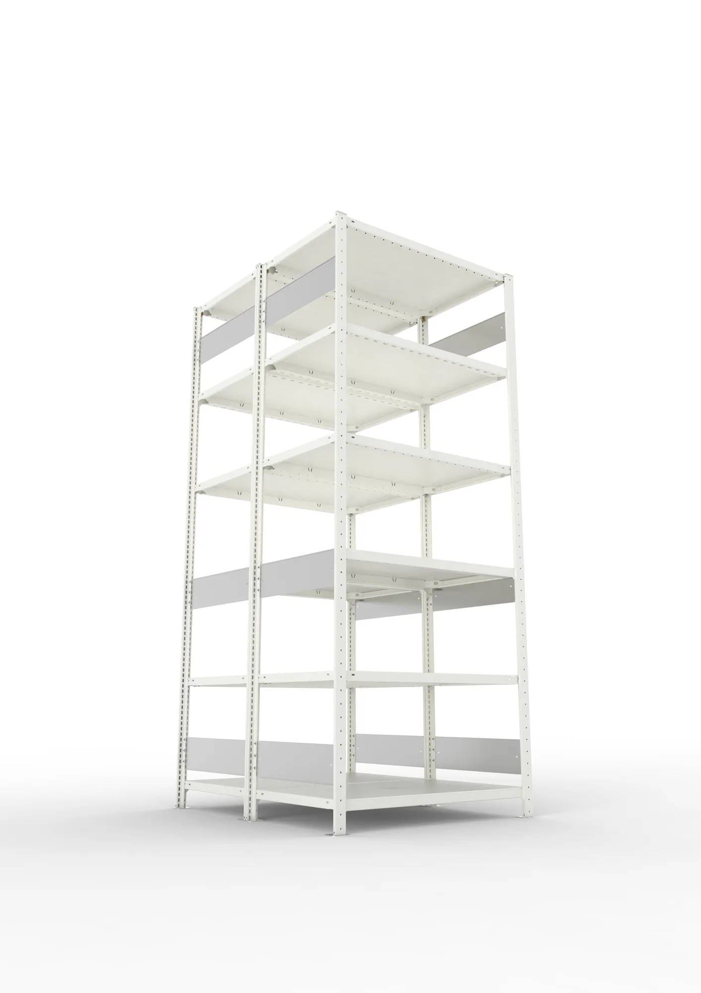 META CLIP S3, Fachbodenregal, Doppel-Grundregal, 2500 x 1000 x 600 mm, Fachlast 150 kg, 6 Ebenen, Längsriegel, RAL 7035 – Ansicht von unten