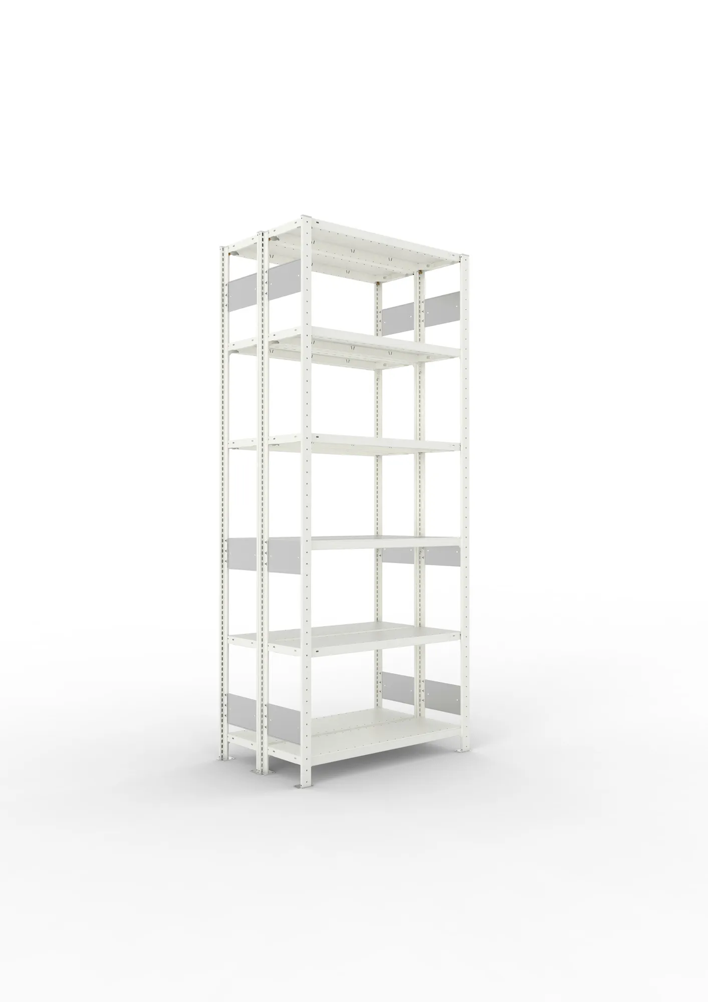 META CLIP S3, Fachbodenregal, Doppel-Grundregal, 2500 x 1000 x 300 mm, Fachlast 150 kg, 6 Ebenen, Längsriegel, RAL 7035 – Ansicht in Blickhöhe