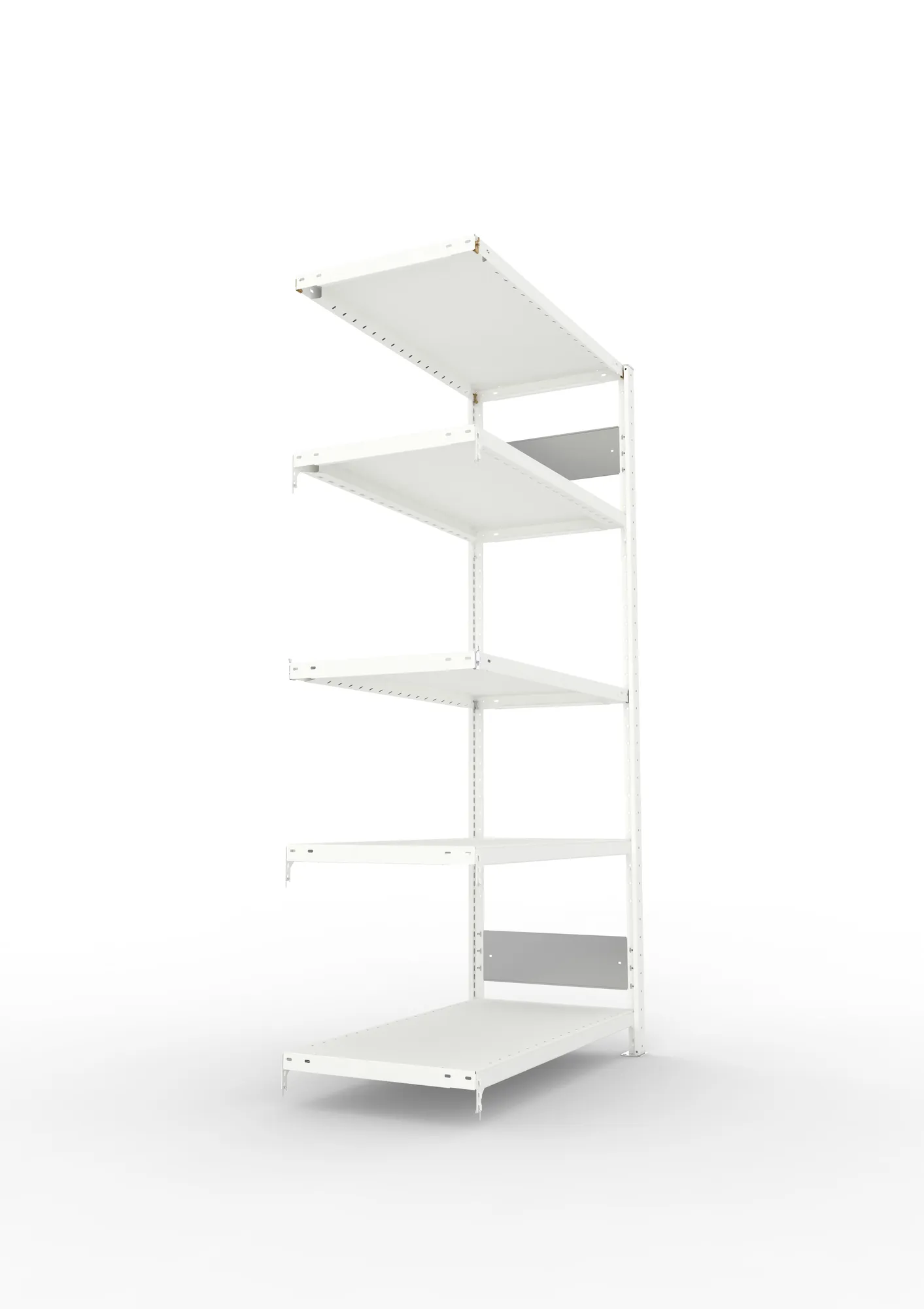 META CLIP S3, Fachbodenregal, Anbauregal, 2000 x 1000 x 600 mm, Fachlast 230 kg, 5 Ebenen, Längsriegel, RAL 7035 – Seitenansicht
