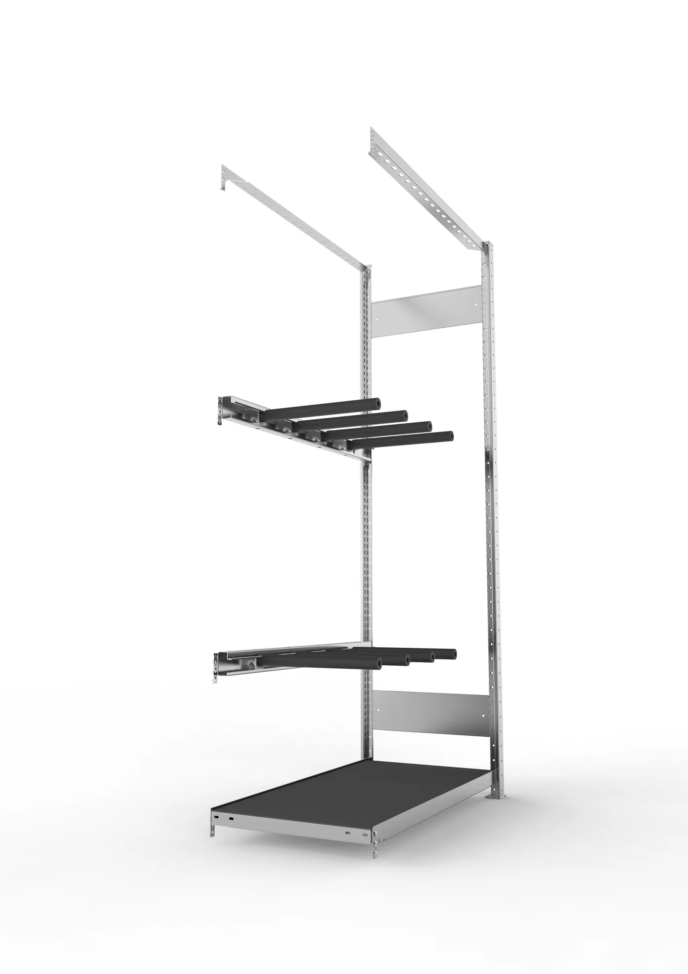 META CLIP, Abgasanlagenregal, Anbauregal, 2000 x 1000 x 500 mm, stehende Lagerung, verzinkt – Seitenansicht