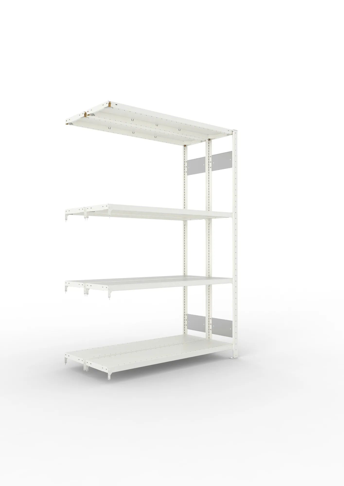 META CLIP S3, Fachbodenregal, Doppel-Anbauregal, 2000 x 1300 x 300 mm, Fachlast 230 kg, 4 Ebenen, Längsriegel, RAL 7035 – Ansicht in Blickhöhe