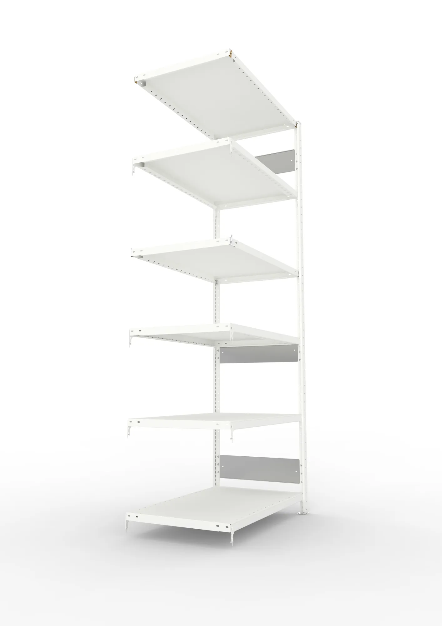 META CLIP S3, Fachbodenregal, Anbauregal, 2500 x 1000 x 600 mm, Fachlast 230 kg, 6 Ebenen, Längsriegel, RAL 7035 – Seitenansicht