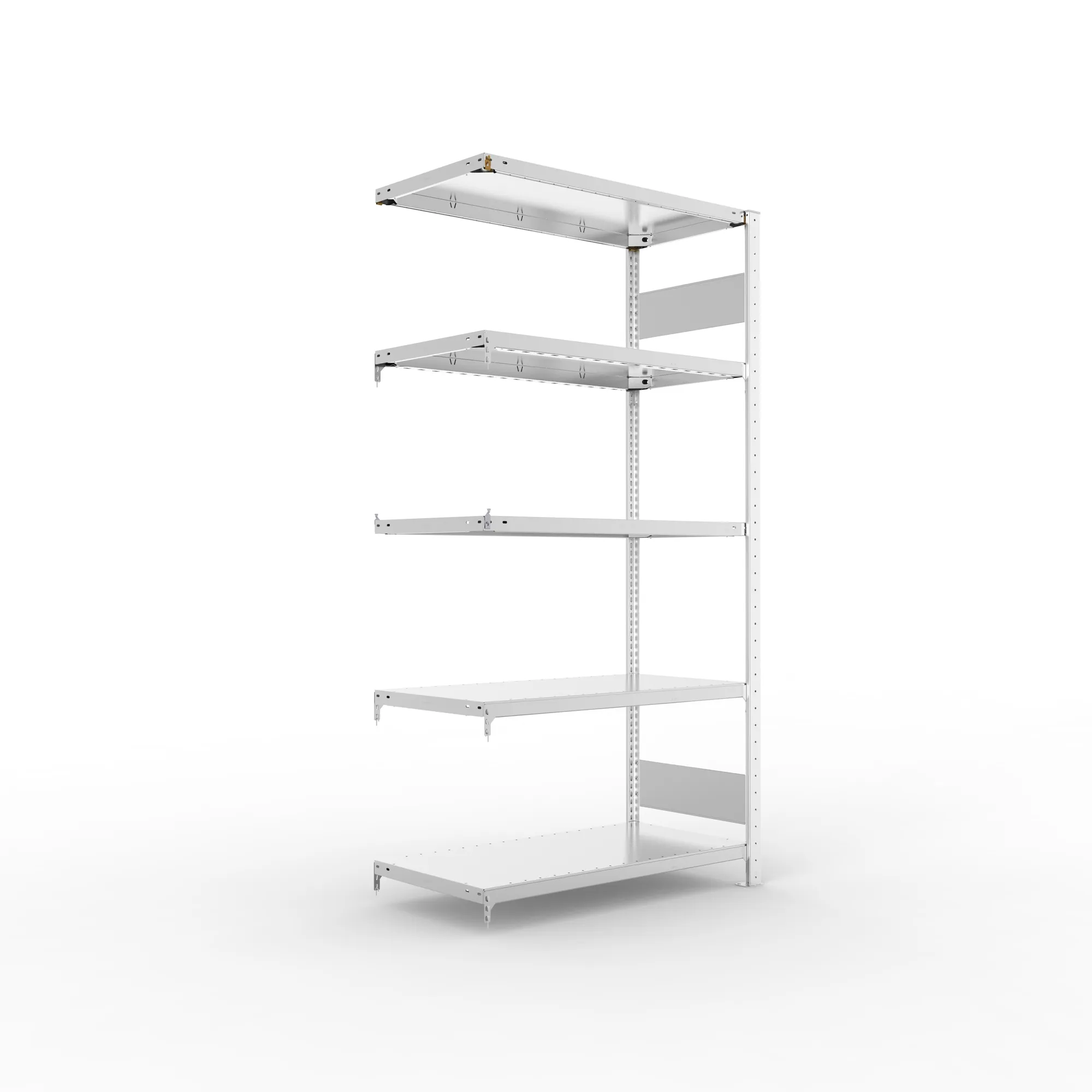 META CLIP S3, Fachbodenregal, Anbauregal, 2000 x 1000 x 500 mm, Fachlast 230 kg, 5 Ebenen, Längsriegel, verzinkt – Ansicht in Blickhöhe