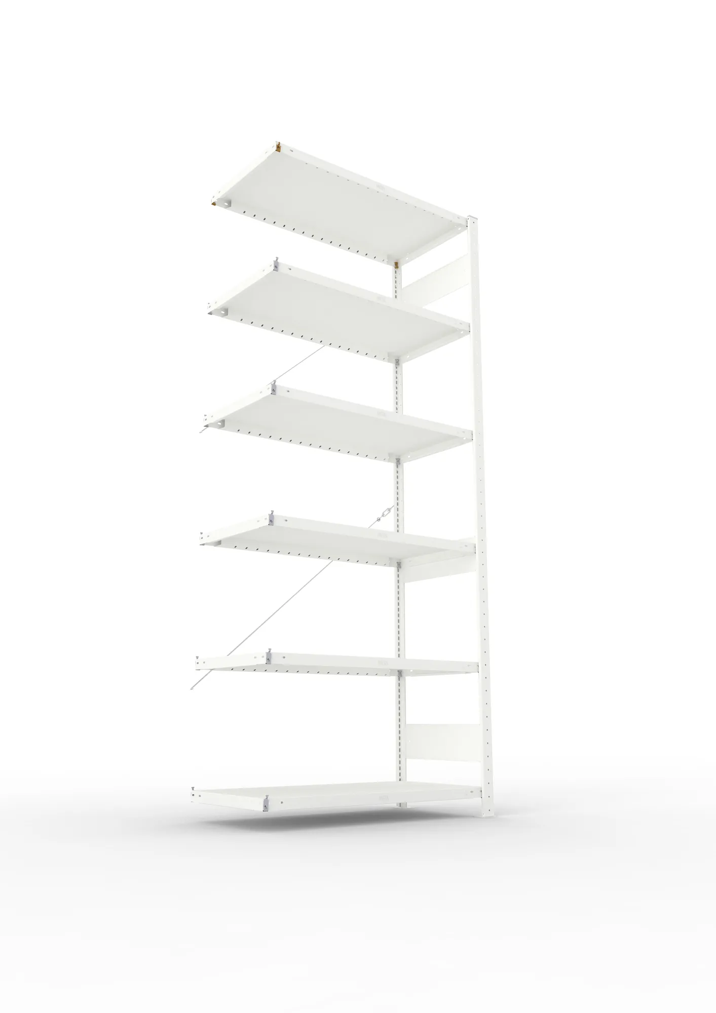 META CLIP, Fachbodenregal, Anbauregal, 2500 x 1000 x 500 mm, Fachlast 230 kg, 6 Ebenen, RAL 7035 – Ansicht von unten