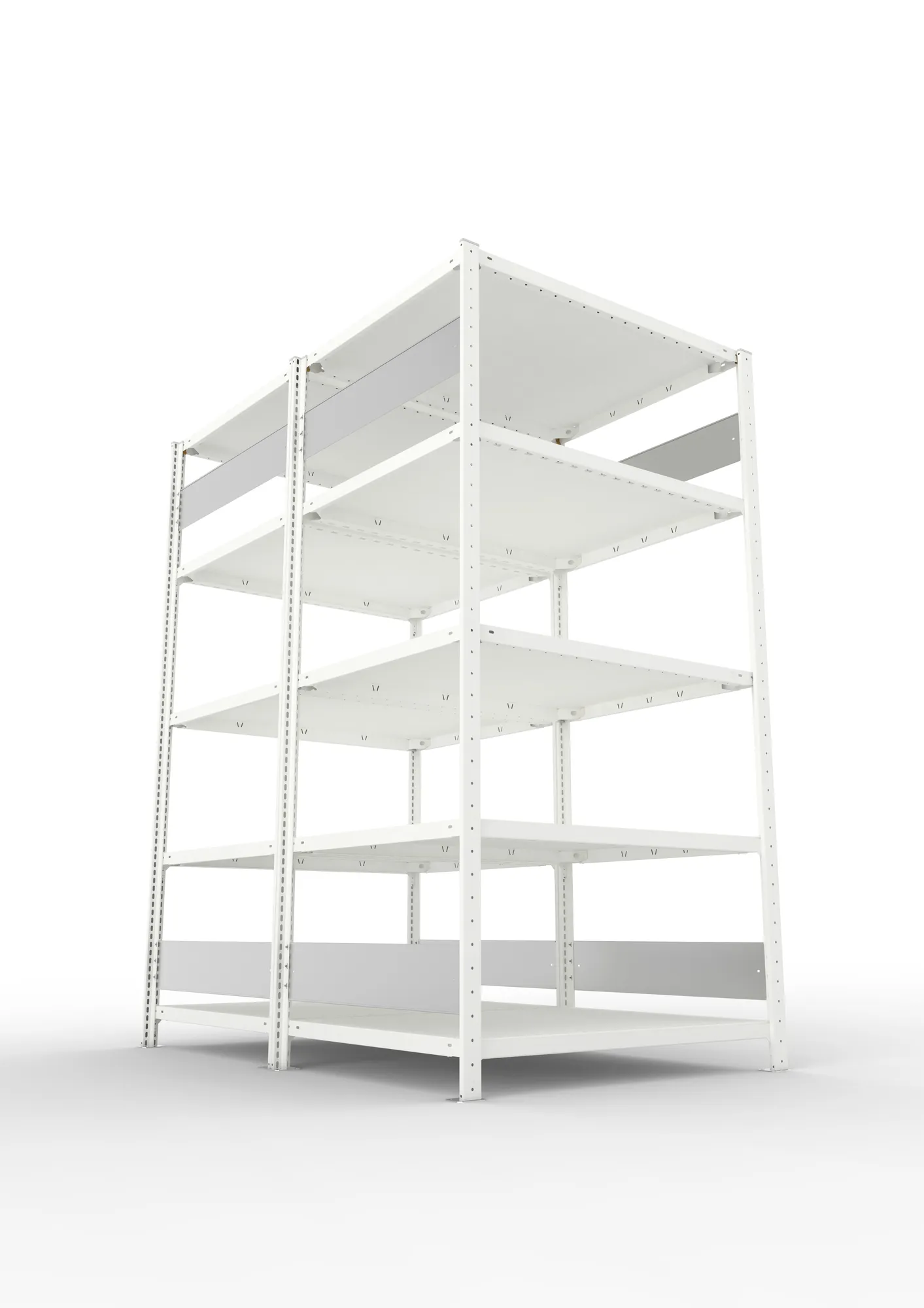 META CLIP S3, Fachbodenregal, Doppel-Grundregal, 2000 x 1000 x 800 mm, Fachlast 230 kg, 5 Ebenen, Längsriegel, RAL 7035 – Ansicht von unten