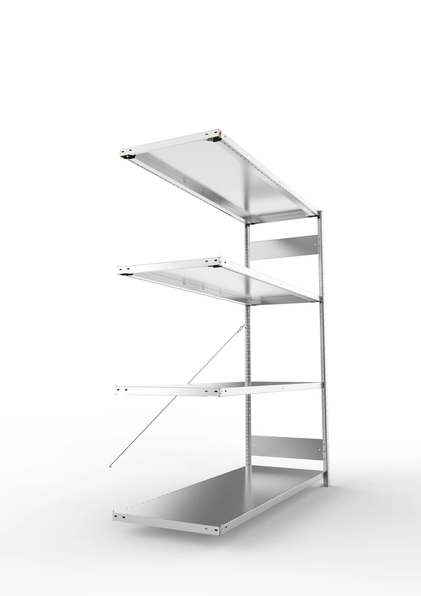 META CLIP S3, Fachbodenregal, Anbauregal, 2000 x 1700 x 600 mm, Fachlast 200 kg, 4 Ebenen, verzinkt – Seitenansicht