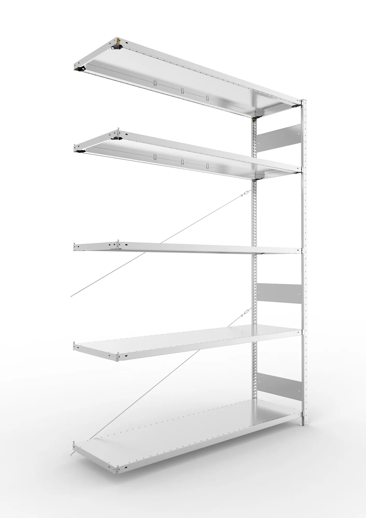 META CLIP S3, Fachbodenregal, Anbauregal, 2500 x 1700 x 500 mm, Fachlast 200 kg, 5 Ebenen, verzinkt – Ansicht in Blickhöhe