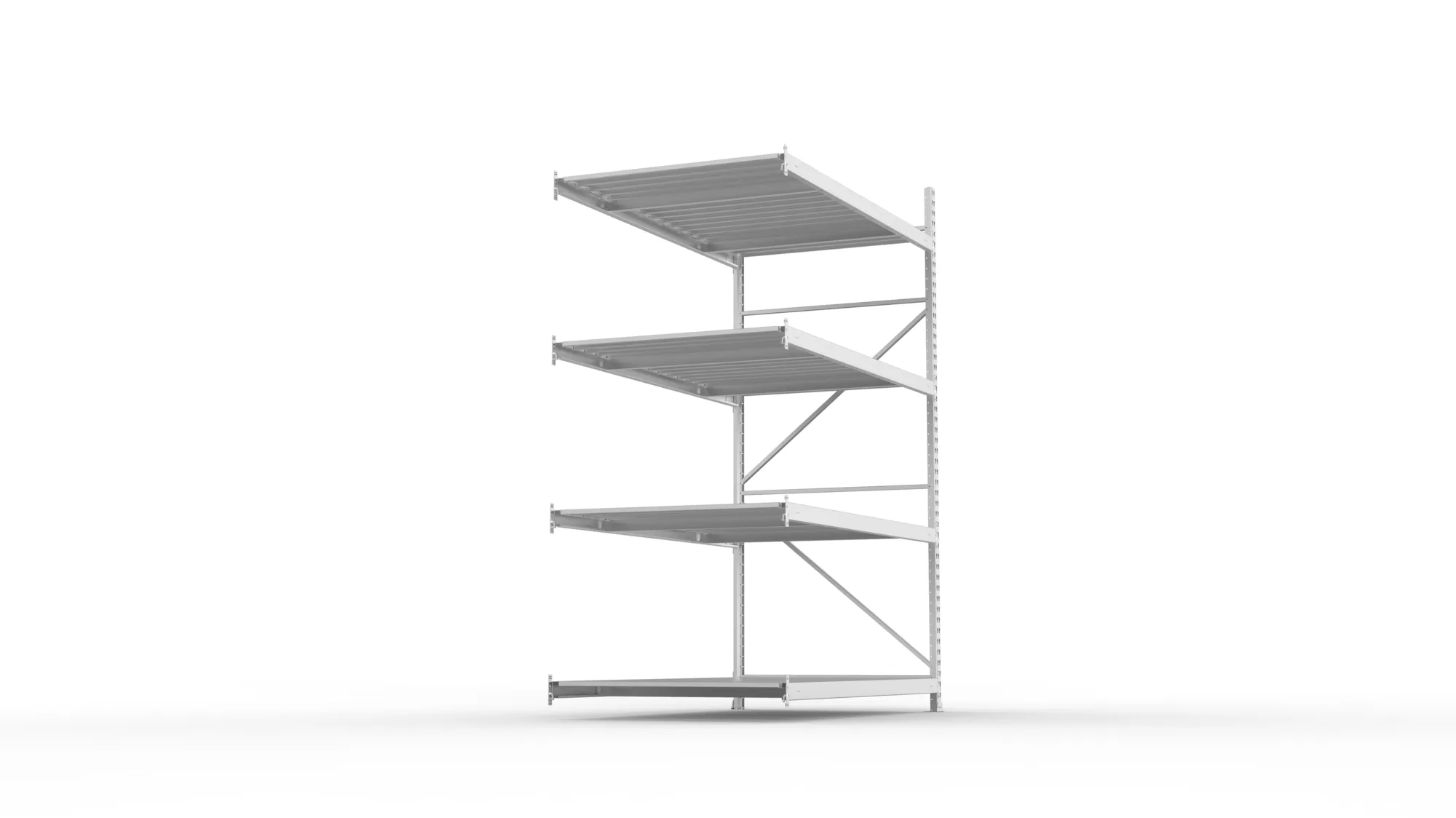 META MINI-RACK, Weitspannregal, Anbauregal, 2500 x 1800 x 1050 mm, Fachlast 600 kg, Stahlpaneelböden, 4 Ebenen – Seitenansicht