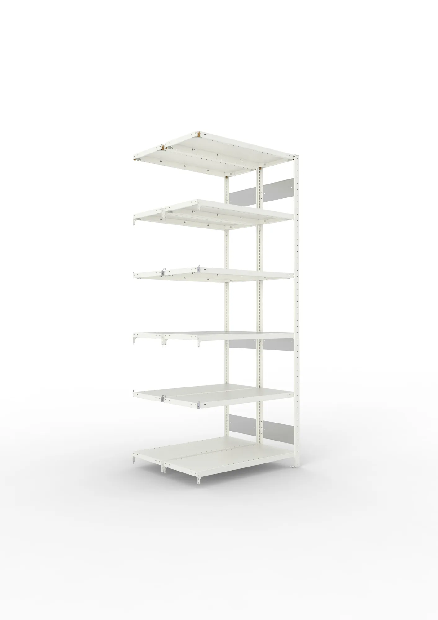 META CLIP S3, Fachbodenregal, Doppel-Anbauregal, 2500 x 1000 x 400 mm, Fachlast 150 kg, 6 Ebenen, Längsriegel, RAL 7035 – Ansicht in Blickhöhe