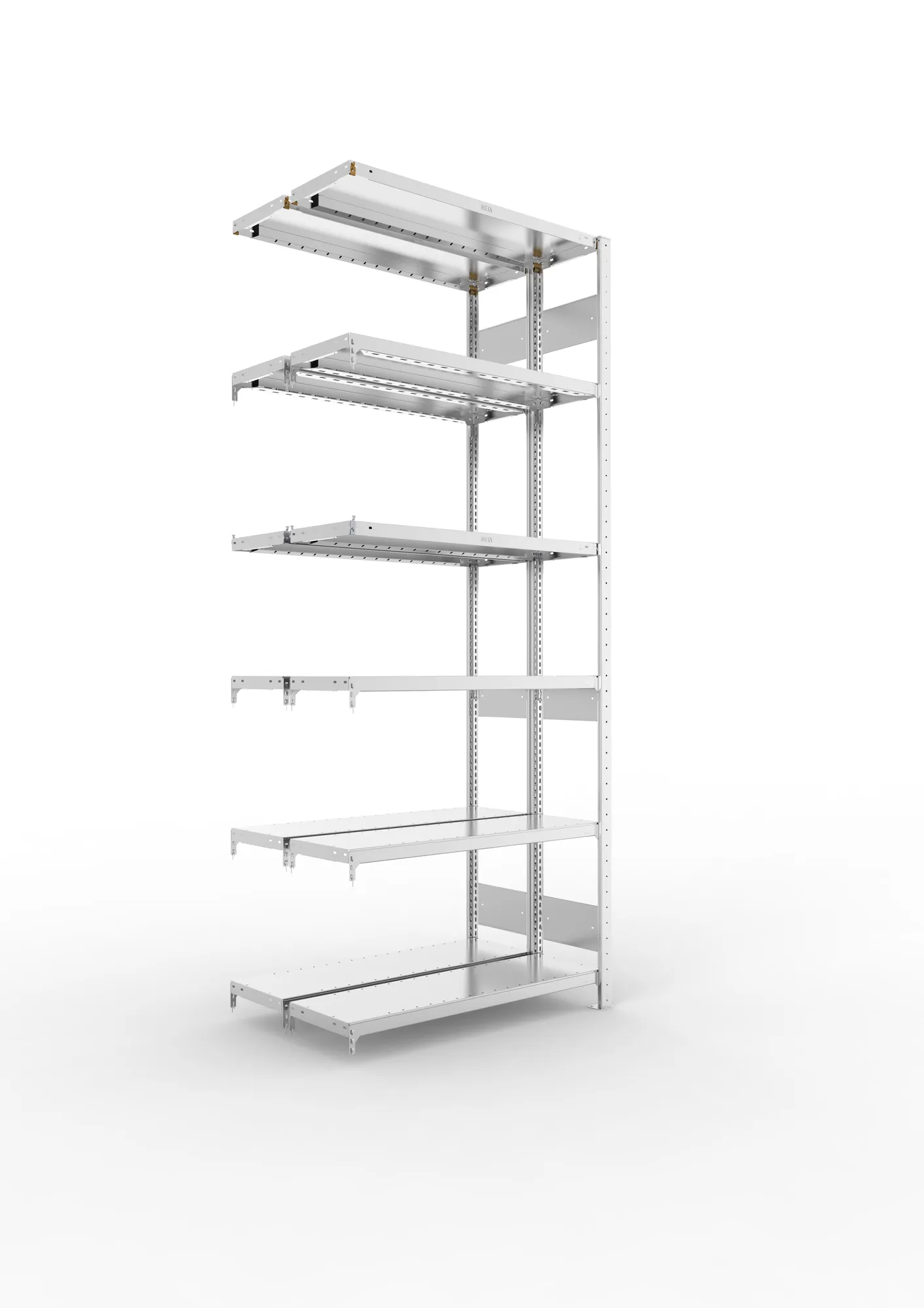 META CLIP S3, Fachbodenregal, Doppel-Anbauregal, 2500 x 1000 x 300 mm, Fachlast 230 kg, 6 Ebenen, Längsriegel, verzinkt – Ansicht in Blickhöhe