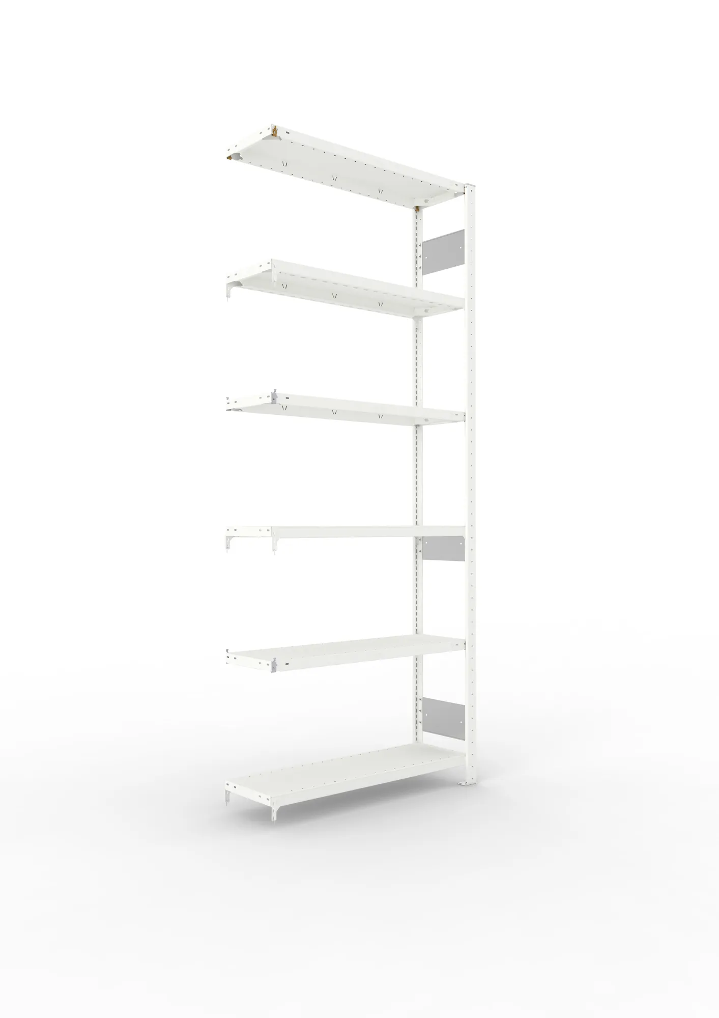 META CLIP S3, Fachbodenregal, Anbauregal, 2500 x 1000 x 300 mm, Fachlast 150 kg, 6 Ebenen, Längsriegel, RAL 7035 – Ansicht in Blickhöhe