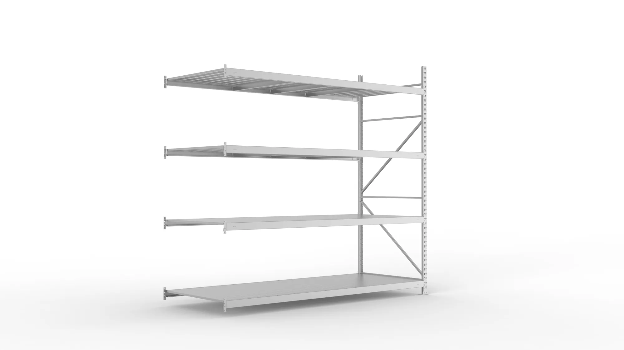 META MINI-RACK, Weitspannregal, Anbauregal, 2500 x 2600 x 1050 mm, Fachlast 490 kg, Stahlpaneelböden, 4 Ebenen – Ansicht in Blickhöhe