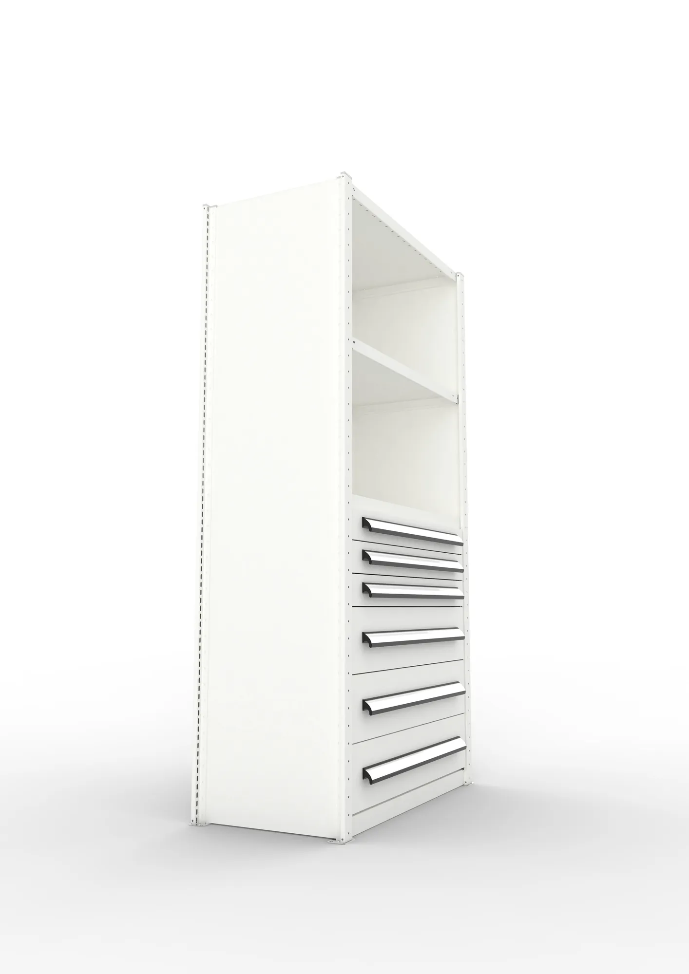 META CLIP, Schrankmodul, Grundregal, Variante 4, 2000 x 1000 x 500 mm, Schubladen untere Hälfte, RAL 7035 – Seitenansicht