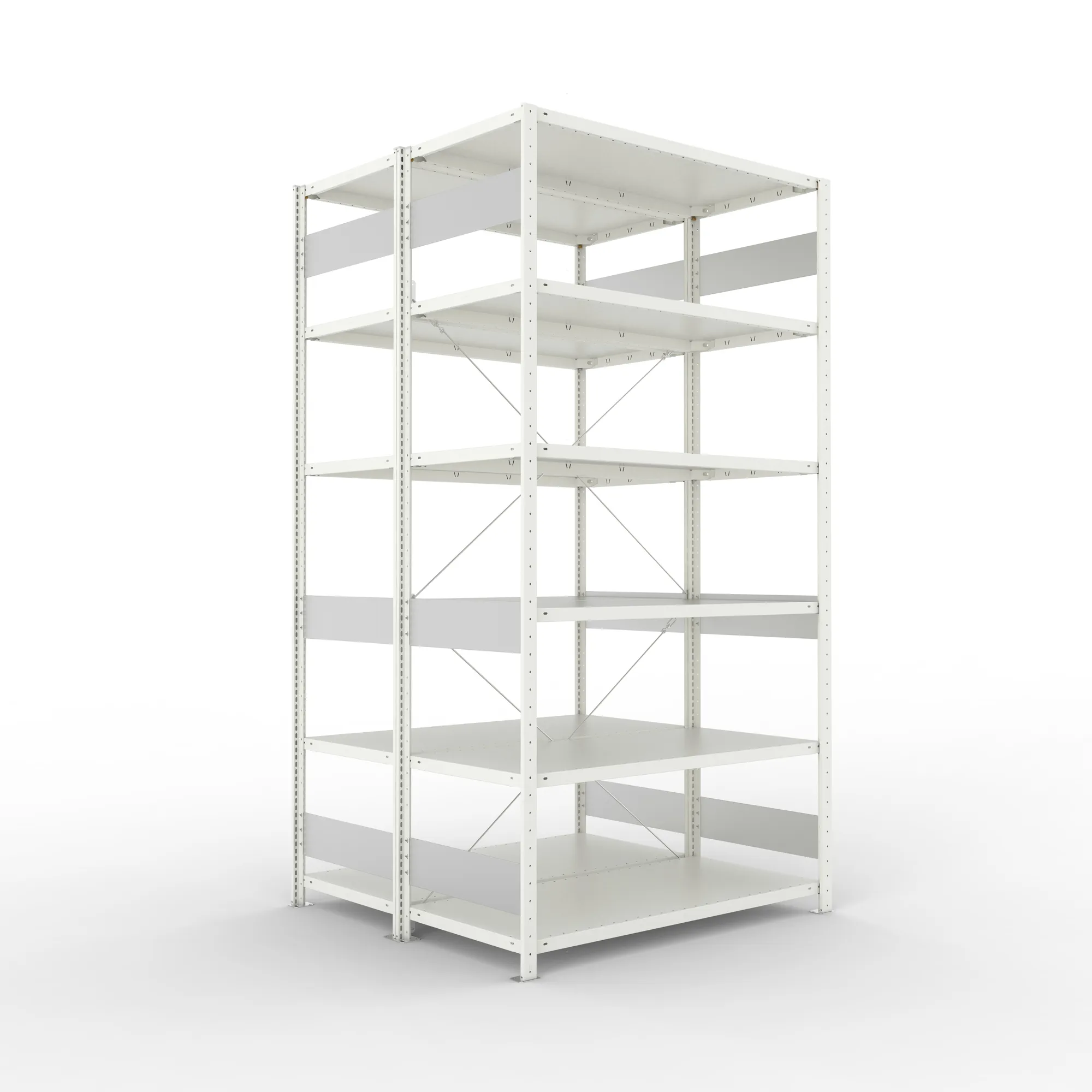 META CLIP S3, Fachbodenregal, Doppel-Grundregal, 2500 x 1300 x 600 mm, Fachlast 230 kg, 6 Ebenen, RAL 7035 – Ansicht in Blickhöhe