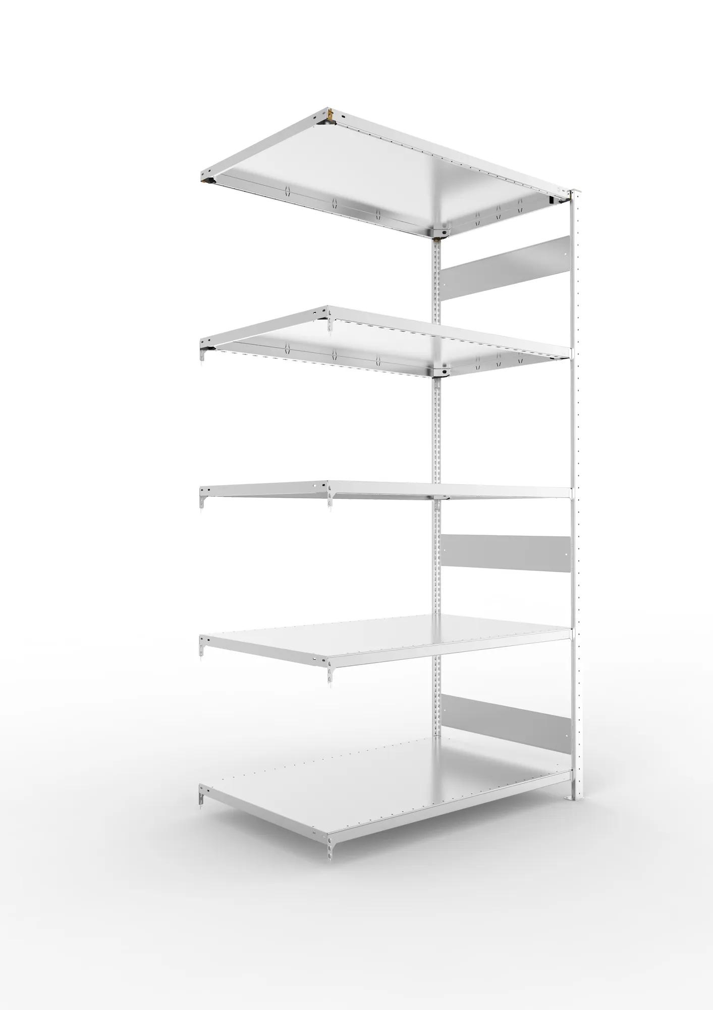 META CLIP S3, Fachbodenregal, Anbauregal, 2500 x 1300 x 800 mm, Fachlast 230 kg, 5 Ebenen, Längsriegel, verzinkt – Ansicht in Blickhöhe