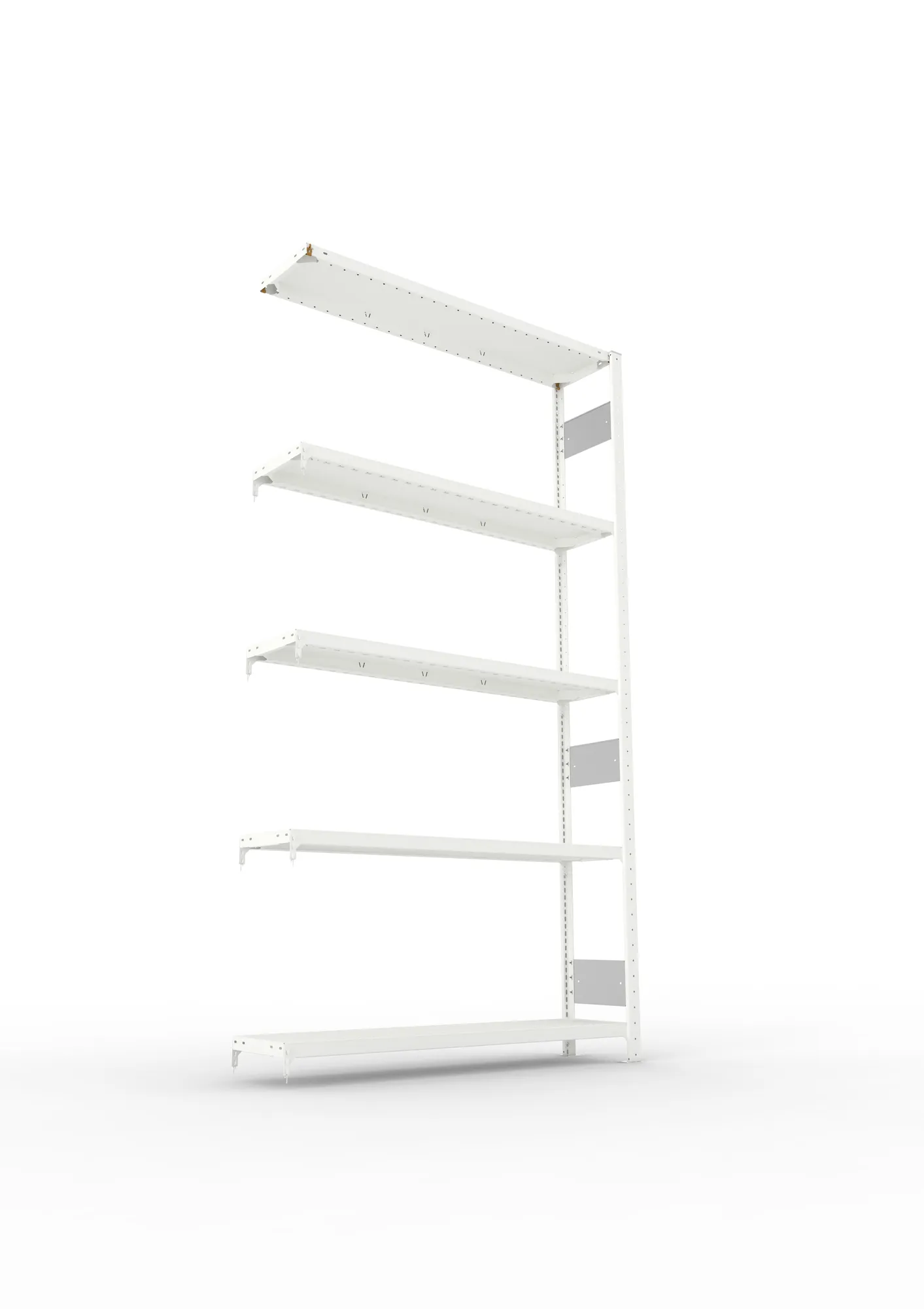 META CLIP S3, Fachbodenregal, Anbauregal, 2500 x 1300 x 300 mm, Fachlast 230 kg, 5 Ebenen, Längsriegel, RAL 7035 – Ansicht von unten
