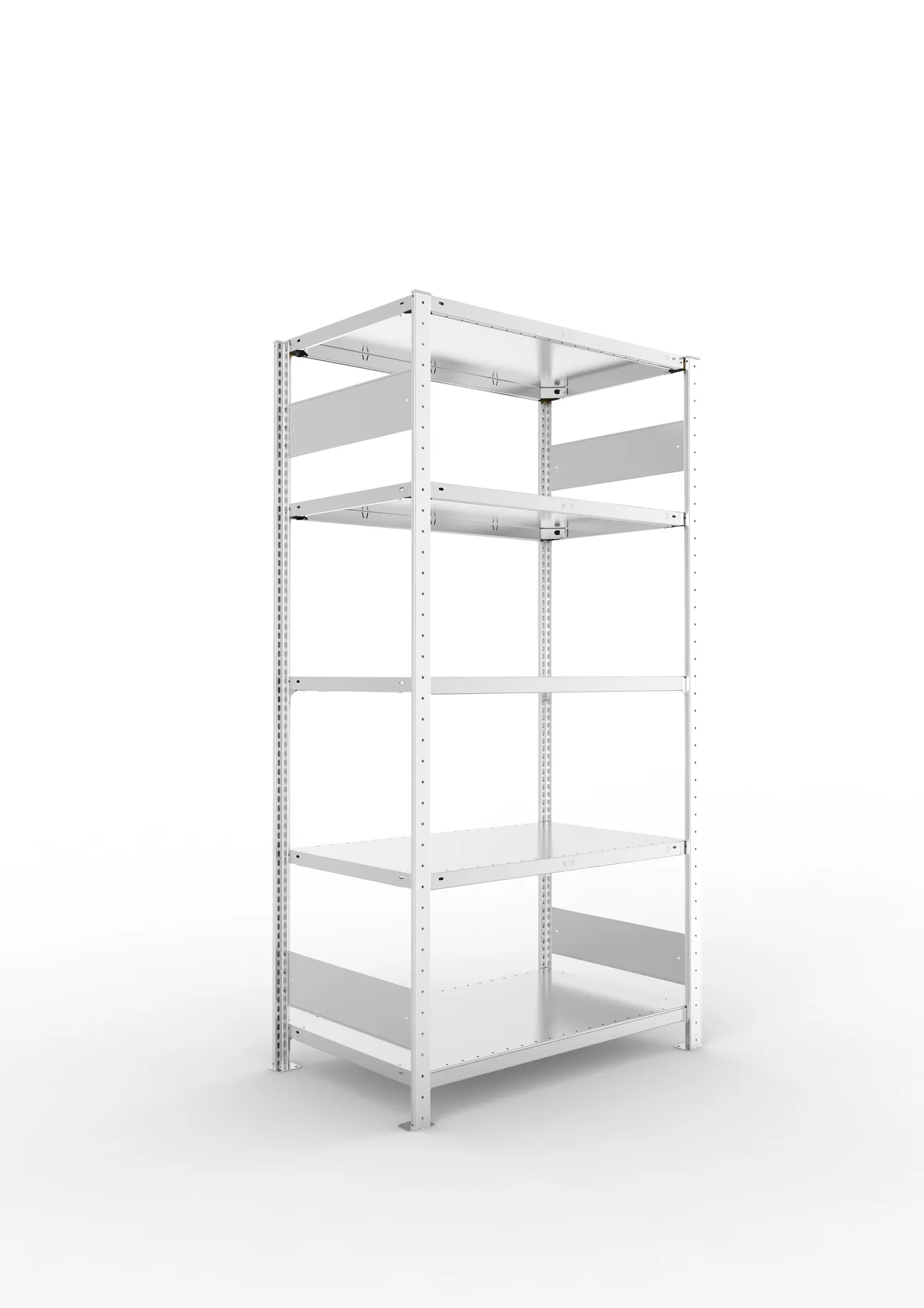META CLIP S3, Fachbodenregal, Grundregal, 2000 x 1000 x 600 mm, Fachlast 150 kg, 5 Ebenen, Längsriegel, verzinkt – Ansicht in Blickhöhe