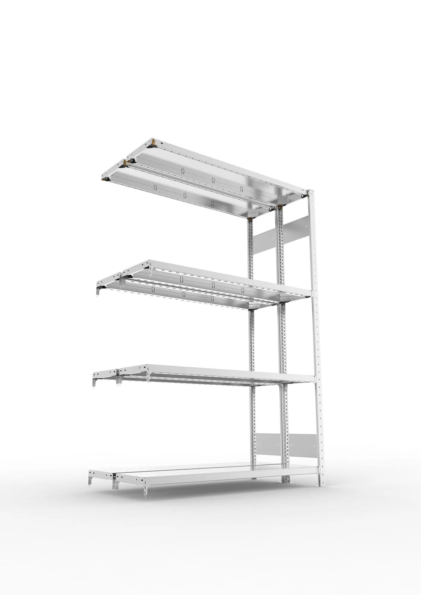 META CLIP S3, Fachbodenregal, Doppel-Anbauregal, 2000 x 1300 x 300 mm, Fachlast 230 kg, 4 Ebenen, Längsriegel, verzinkt – Ansicht von unten