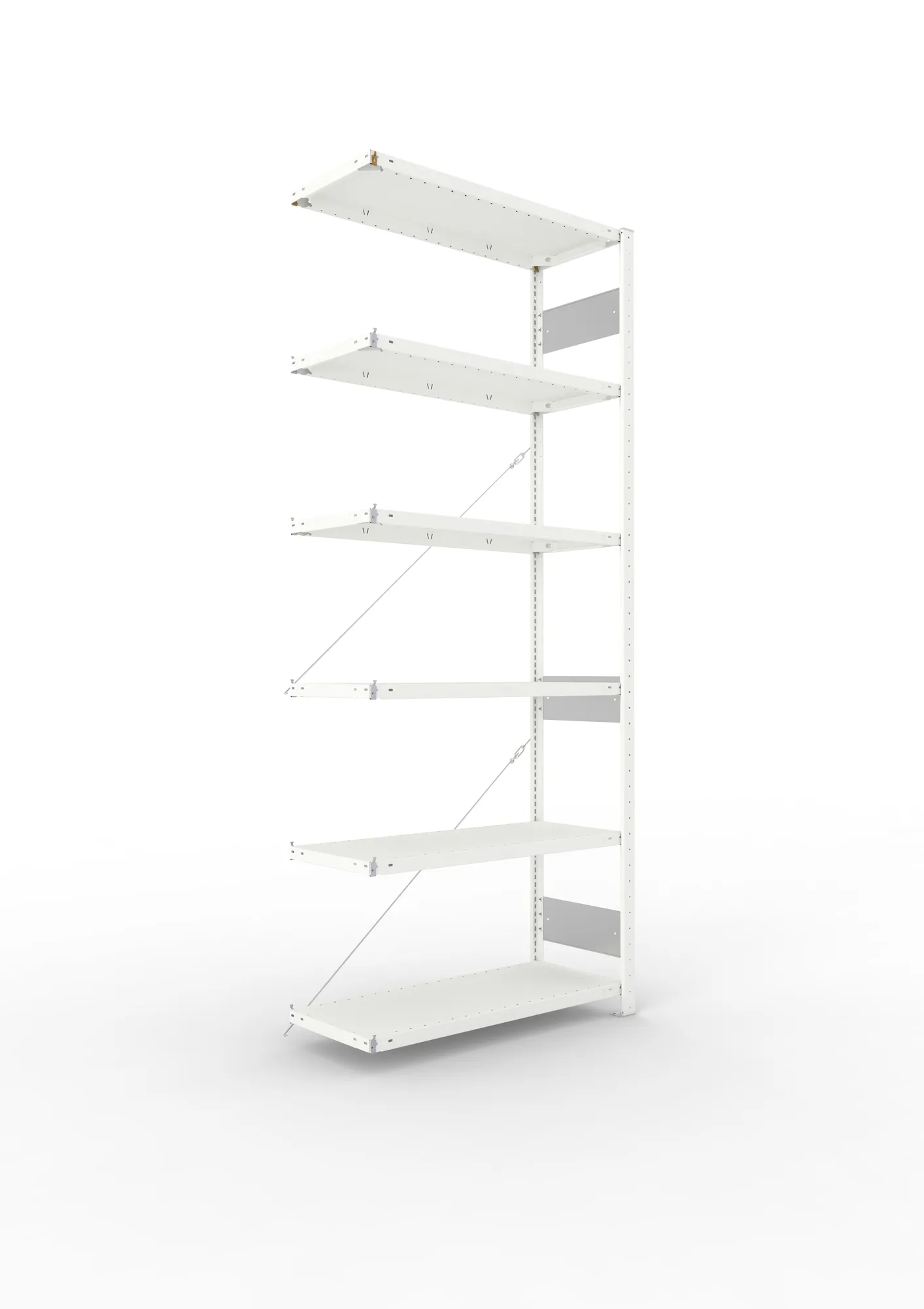 META CLIP S3, Fachbodenregal, Anbauregal, 2500 x 1000 x 400 mm, Fachlast 150 kg, 6 Ebenen, RAL 7035 – Ansicht in Blickhöhe