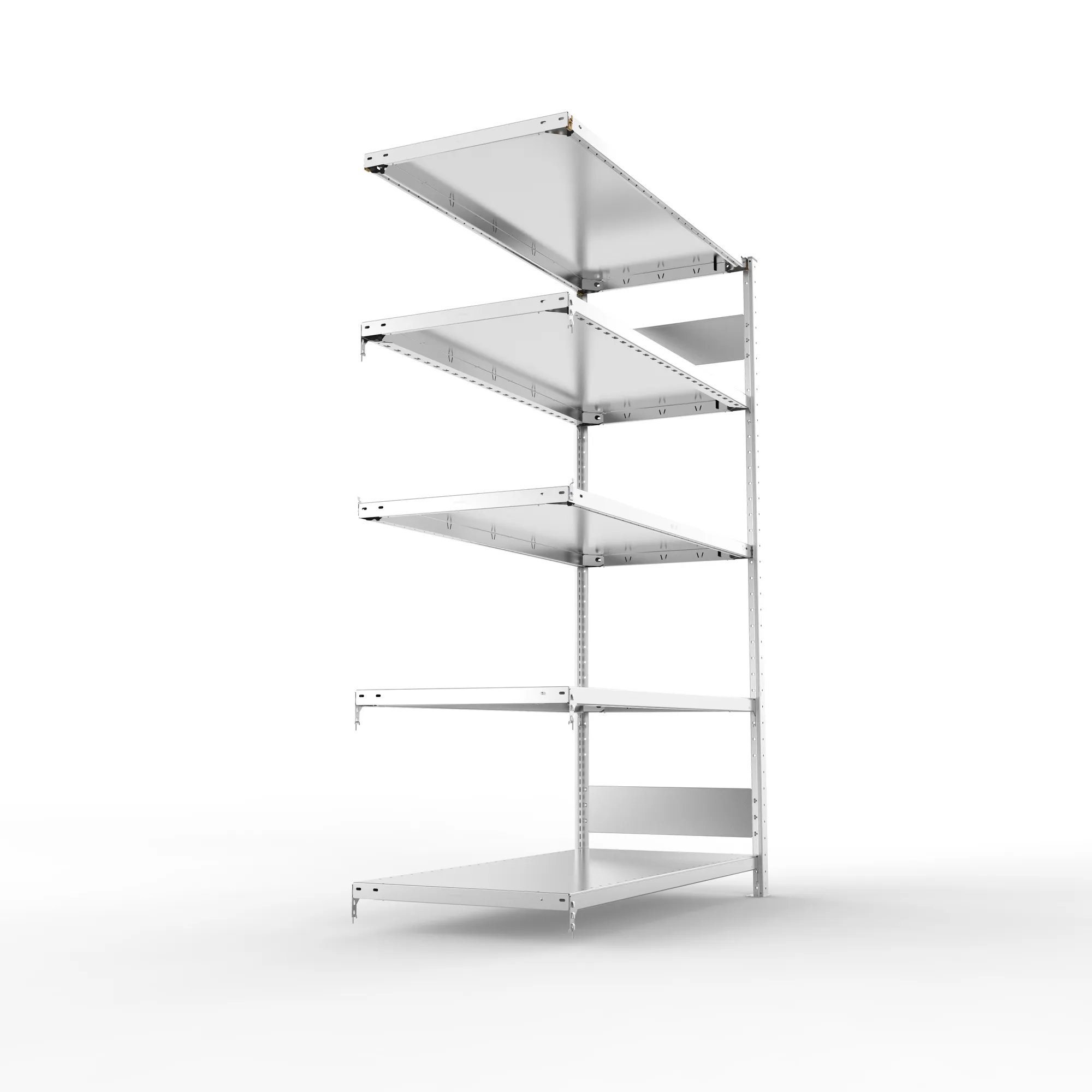 META CLIP S3, Fachbodenregal, Anbauregal, 2000 x 1300 x 600 mm, Fachlast 230 kg, 4 Ebenen, Längsriegel, verzinkt – Seitenansicht