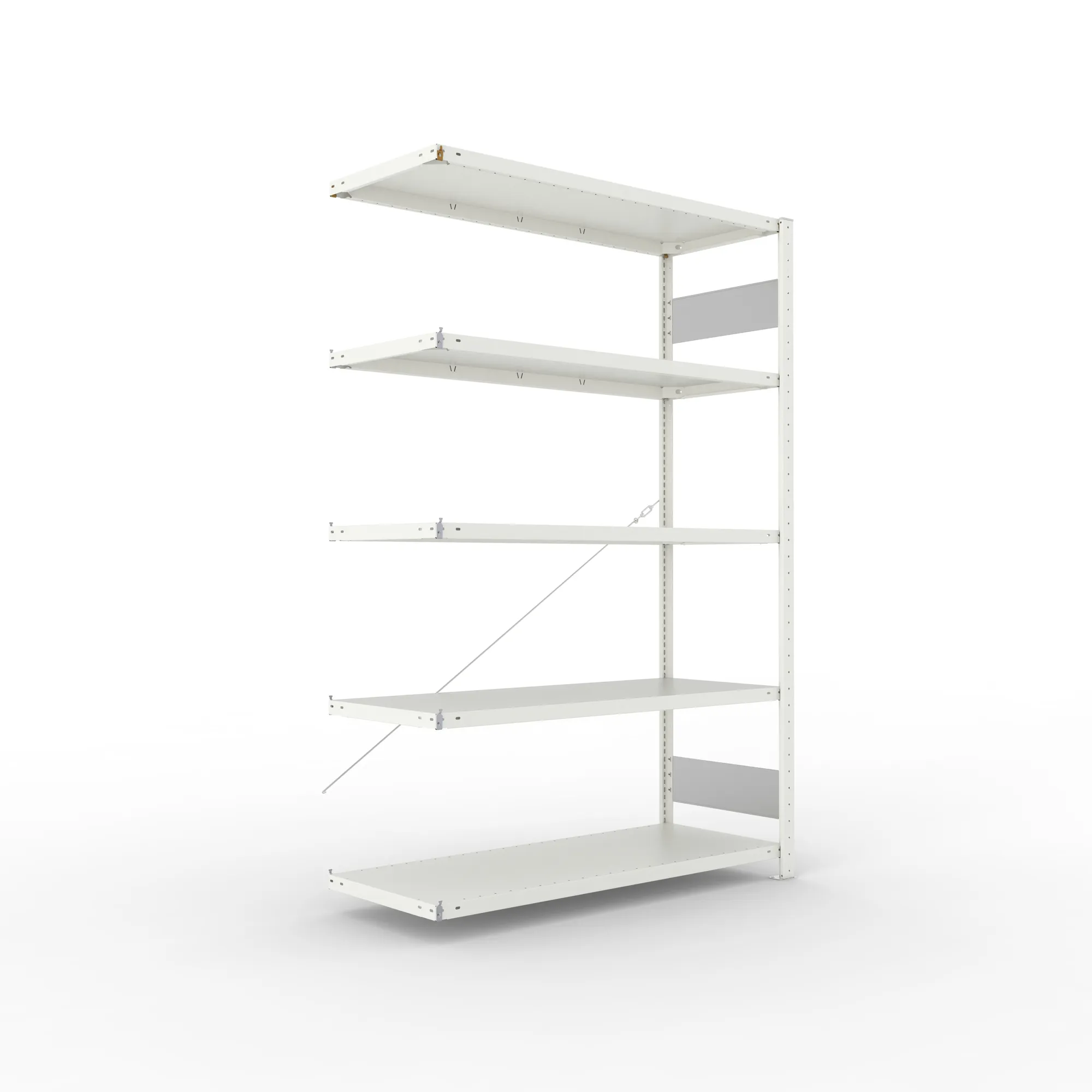 META CLIP S3, Fachbodenregal, Anbauregal, 2000 x 1300 x 500 mm, Fachlast 150 kg, 5 Ebenen, RAL 7035 – Ansicht in Blickhöhe