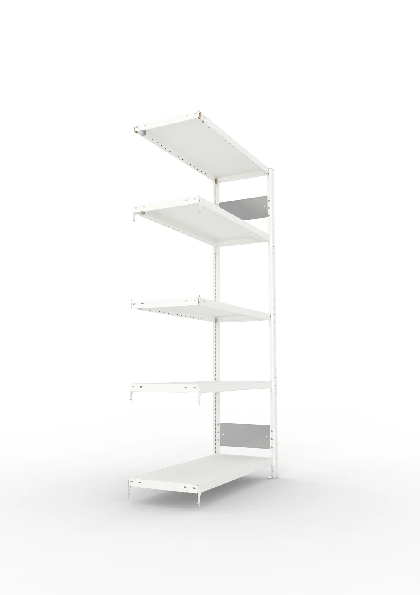 META CLIP S3, Fachbodenregal, Anbauregal, 2000 x 1000 x 400 mm, Fachlast 230 kg, 5 Ebenen, Längsriegel, RAL 7035 – Seitenansicht