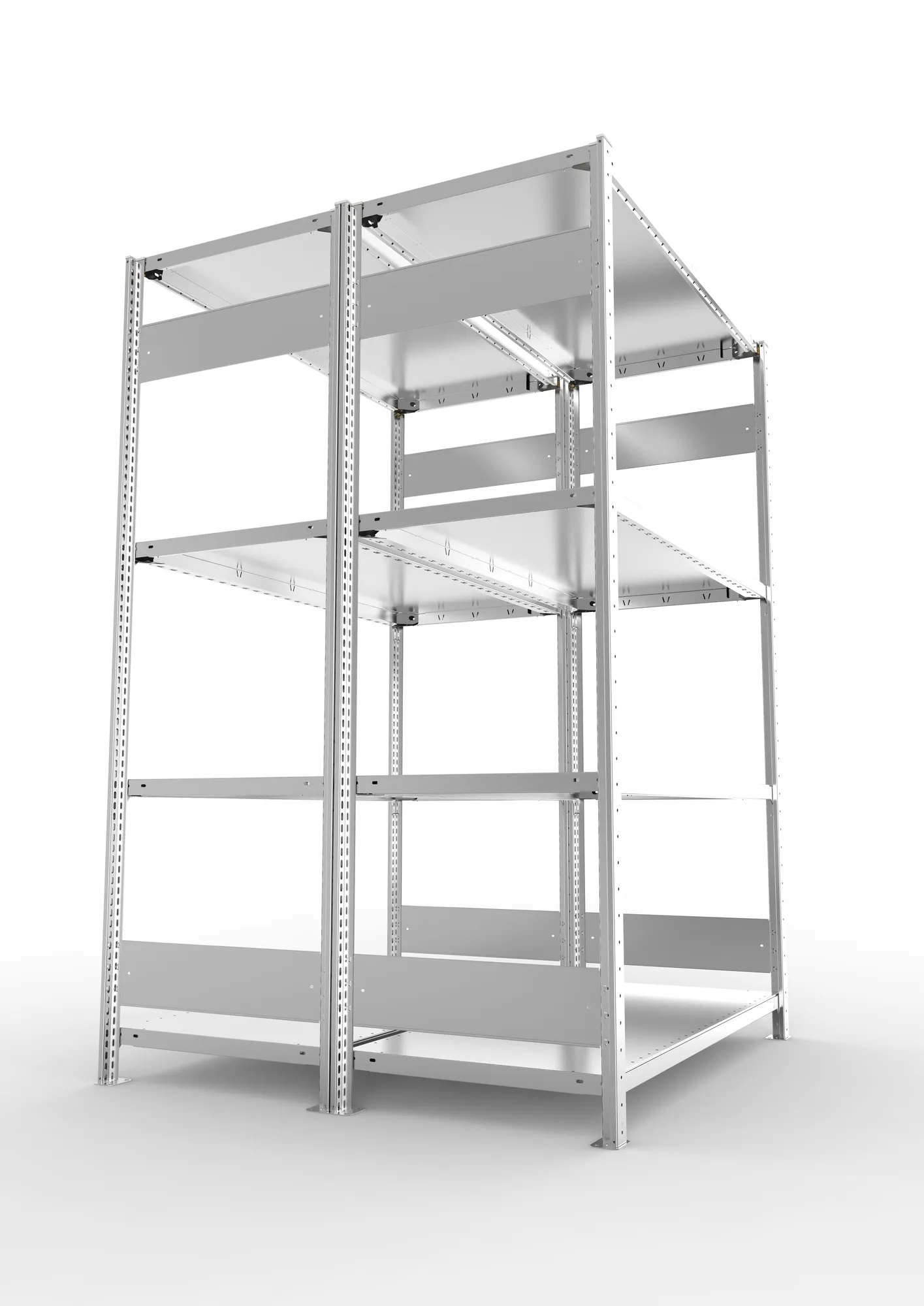 META CLIP S3, Fachbodenregal, Doppel-Grundregal, 2000 x 1300 x 600 mm, Fachlast 230 kg, 4 Ebenen, Längsriegel, verzinkt – Seitenansicht