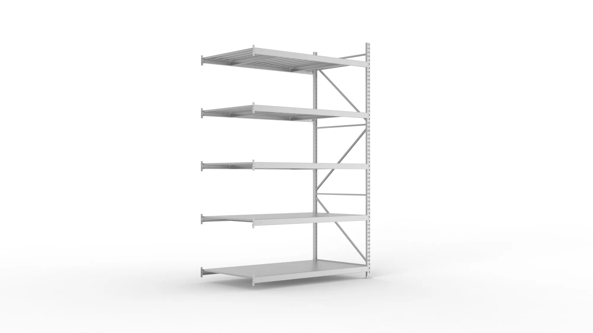 META MINI-RACK, Weitspannregal, Anbauregal, 3000 x 1800 x 1050 mm, Fachlast 600 kg, Stahlpaneelböden, 5 Ebenen – Ansicht in Blickhöhe